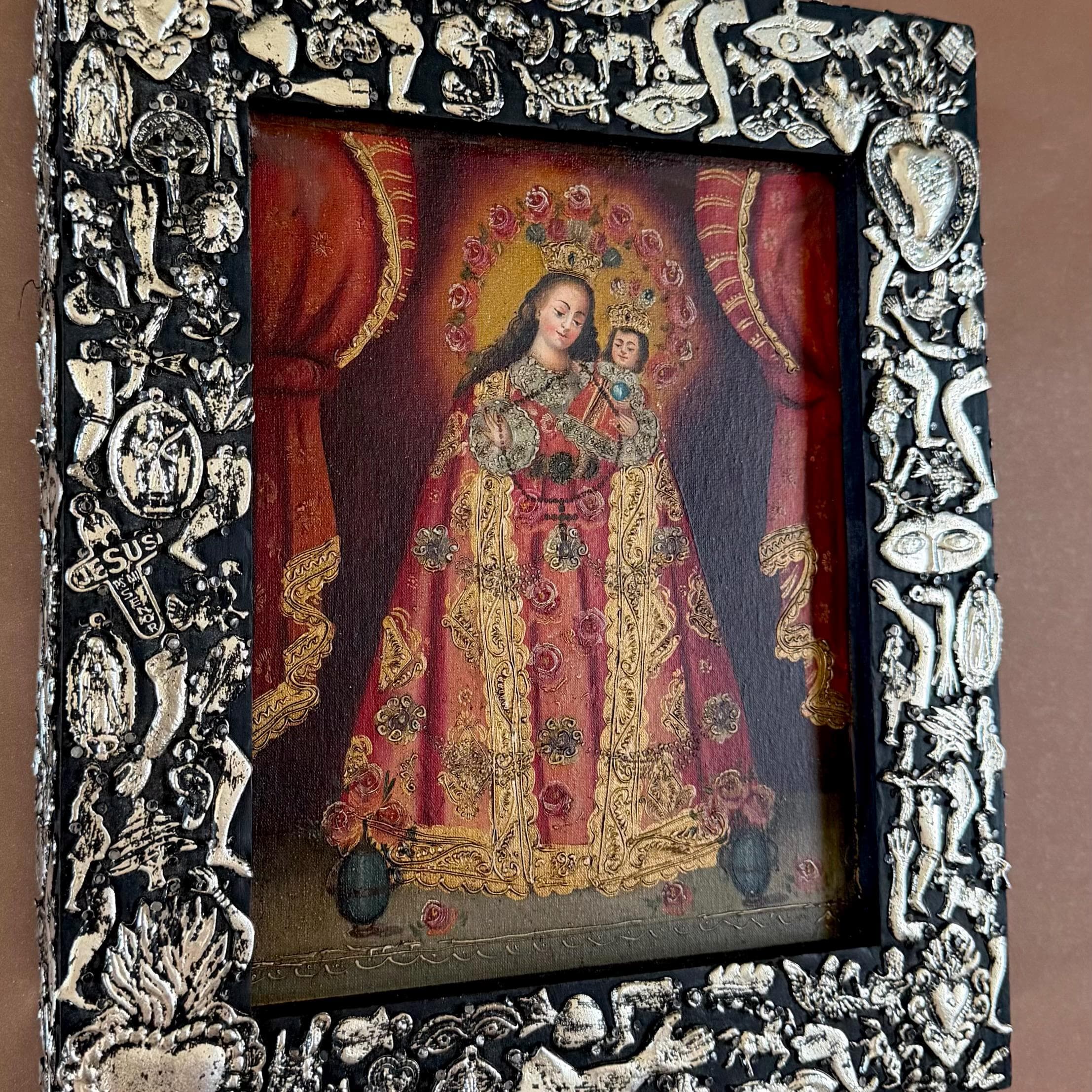 Tin Ex-Voto Charm, Eclectic Home Accent, Oleo Retablo Maria y Nino con Milagritos