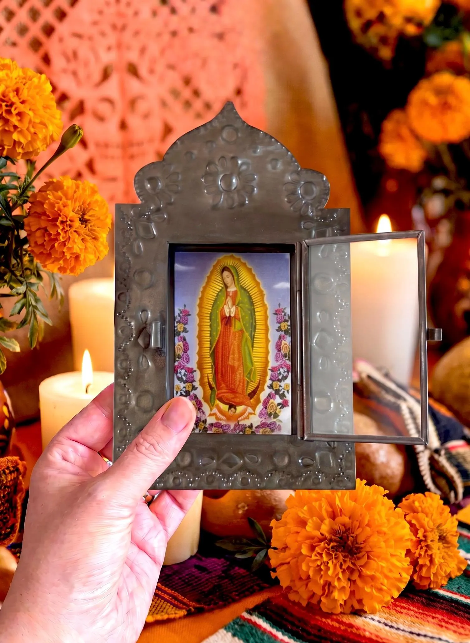 Handmade Nicho Guadalupe, Mexican Folk Vintage Niche 7”(tall)