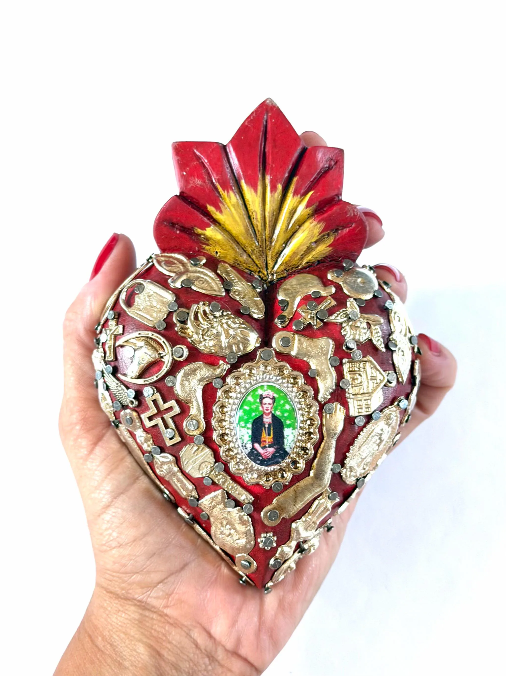 Mexican Folk Art, Rustic Handmade Decor, Frida Kahlo Wood Sacred Heart Silver Milagritos, Medium 5.5”(tall)