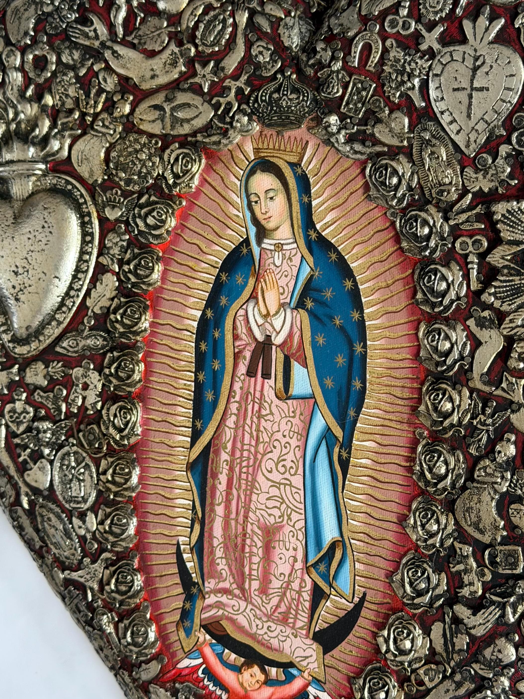Our Lady Art, Home Altar Piece, MAXI Oleo Guadalupe Milagritos Red 19"x 19"