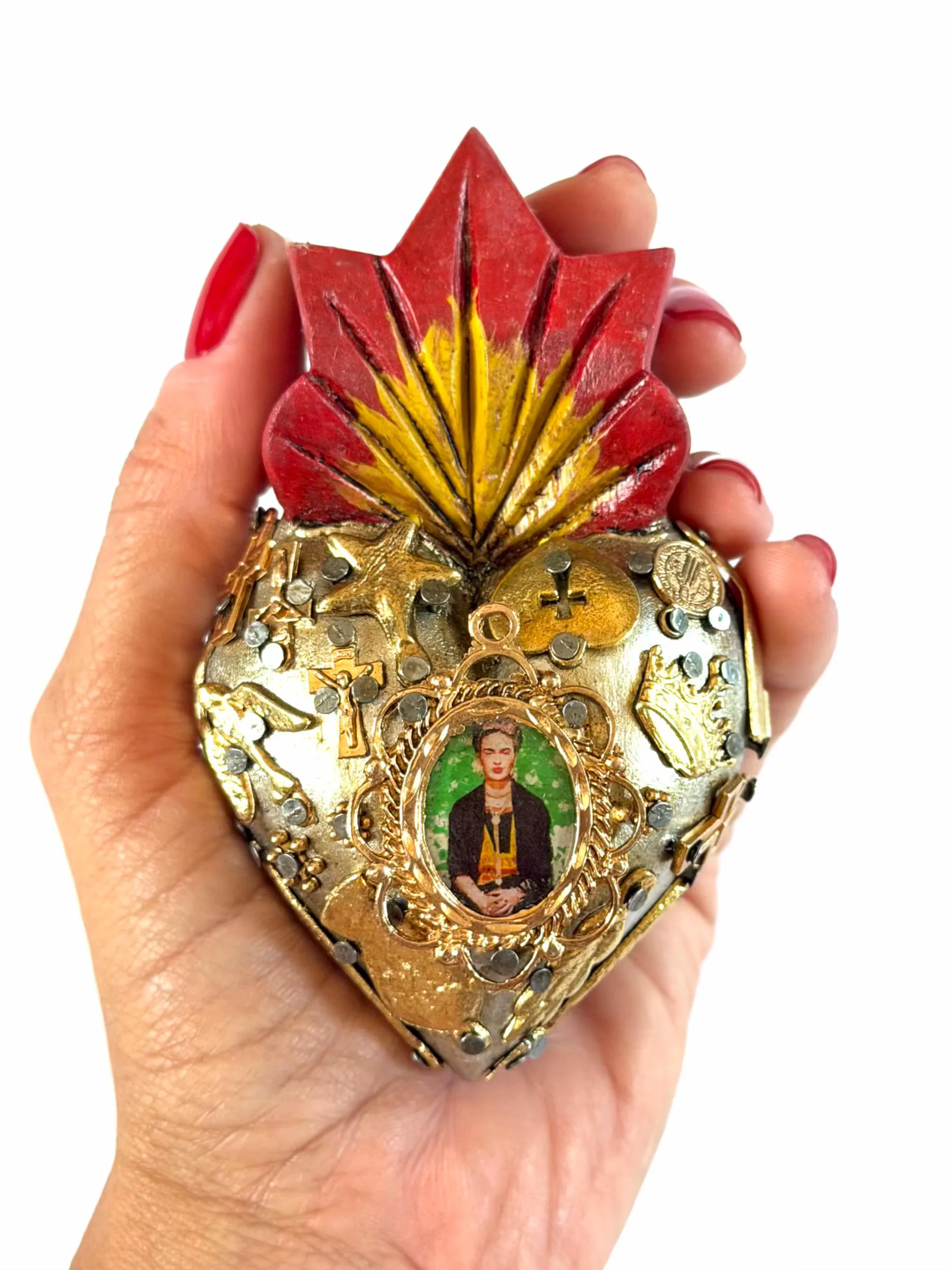 Small Frida Kahlo Wood Sacred Heart Gold Milagritos, Mexican Folk Art, Rustic Handmade Decor