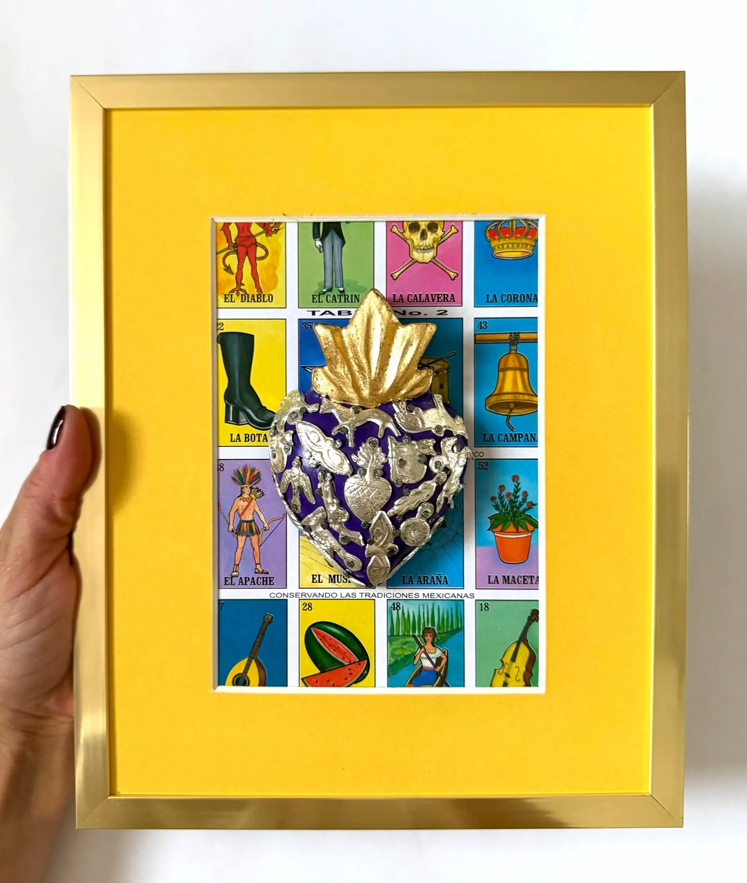 Framed Loteria Milagritos Medium 8.5”x 10.5”, Handcrafted Wood Sacred Heart Wall Hanging, Mexican Home Decor, Ex-Voto Milagro Style
