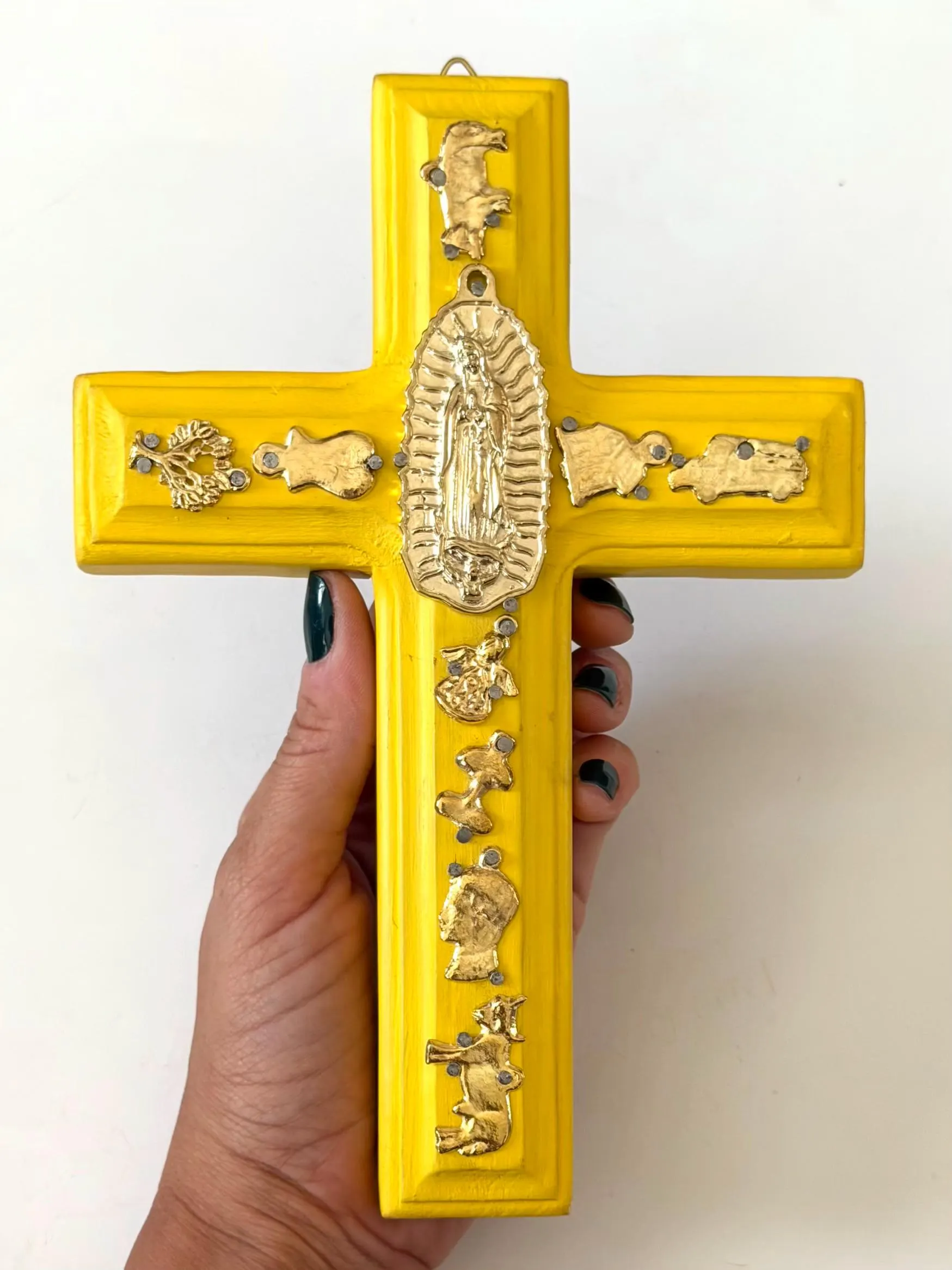 Hand Carved Guadalupe Milagritos Cross, Mexican Home Decor, Ex-Voto Style (8" Tall)