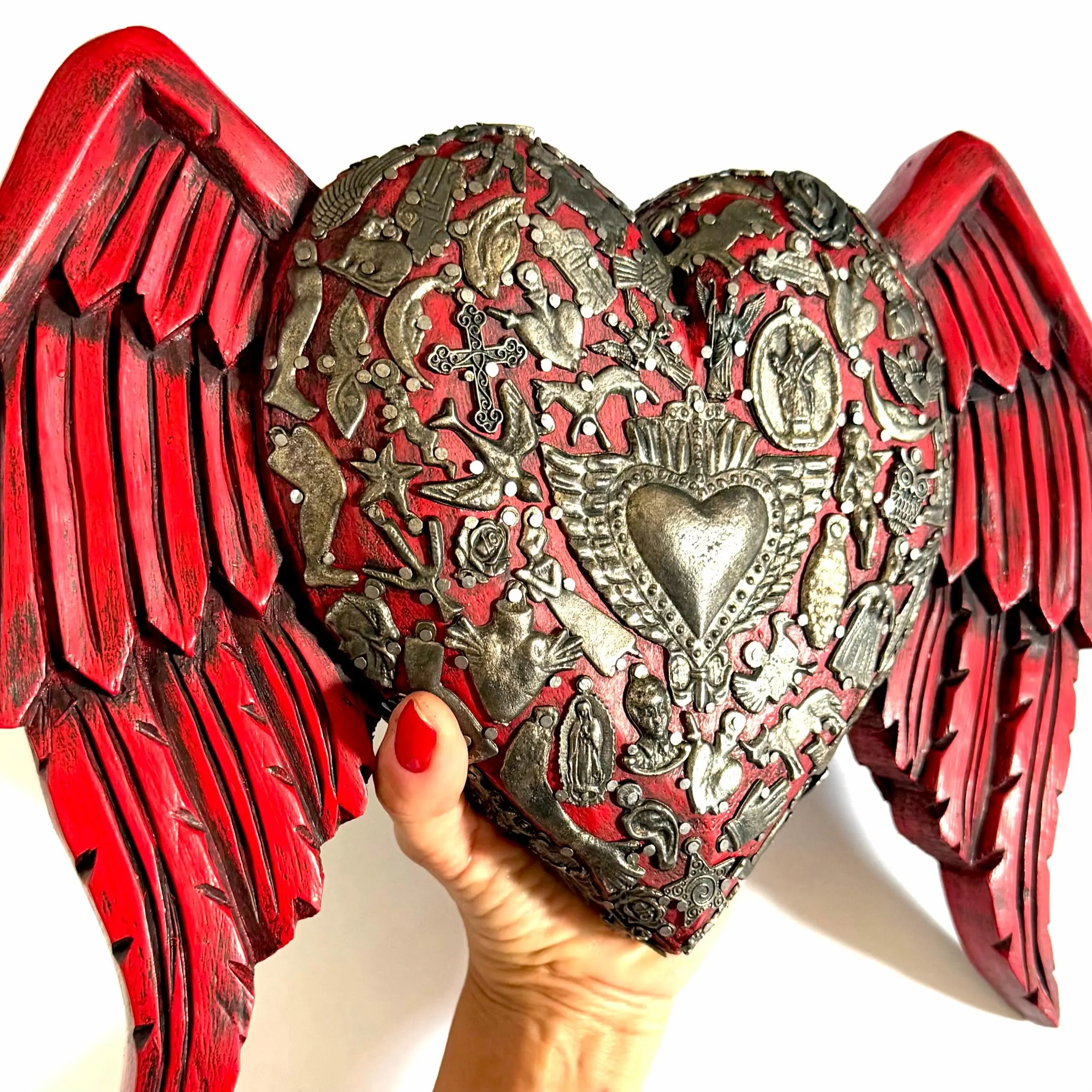 Wood Milagro Art, Housewarming Gift, Wood Sacred Heart Alas Caidas Red