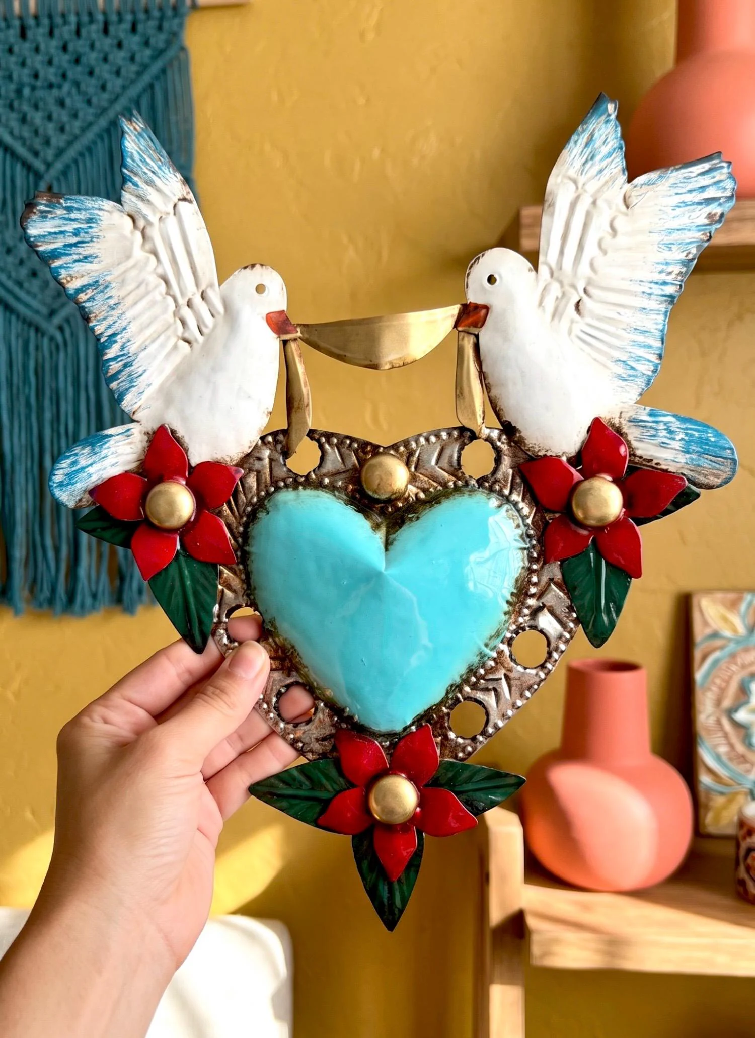 Boho Mexican Folk Art Heart, For Ever In-Love, XL Dos Quetzales 12”