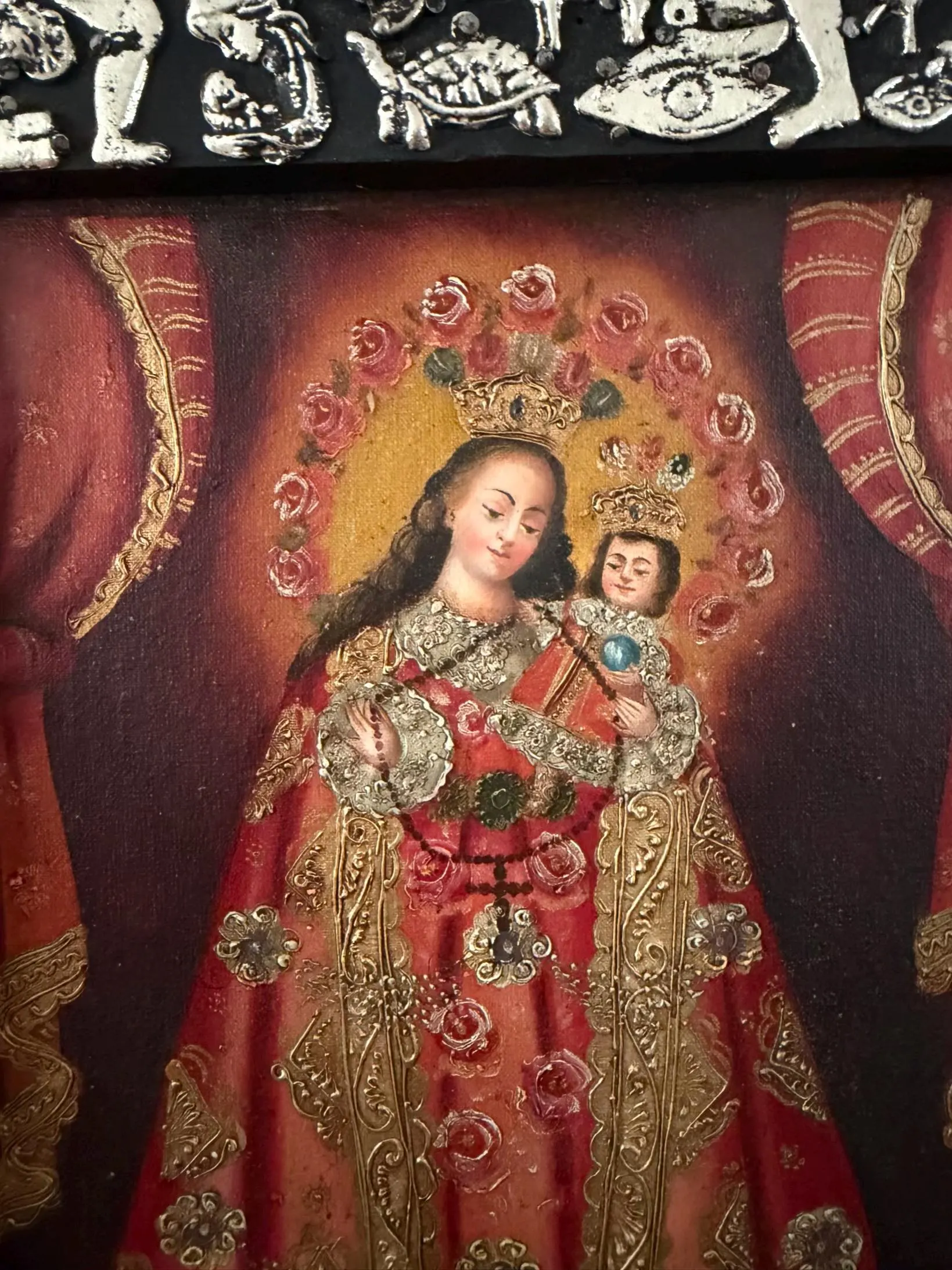 Tin Ex-Voto Charm, Eclectic Home Accent, Oleo Retablo Maria y Nino con Milagritos