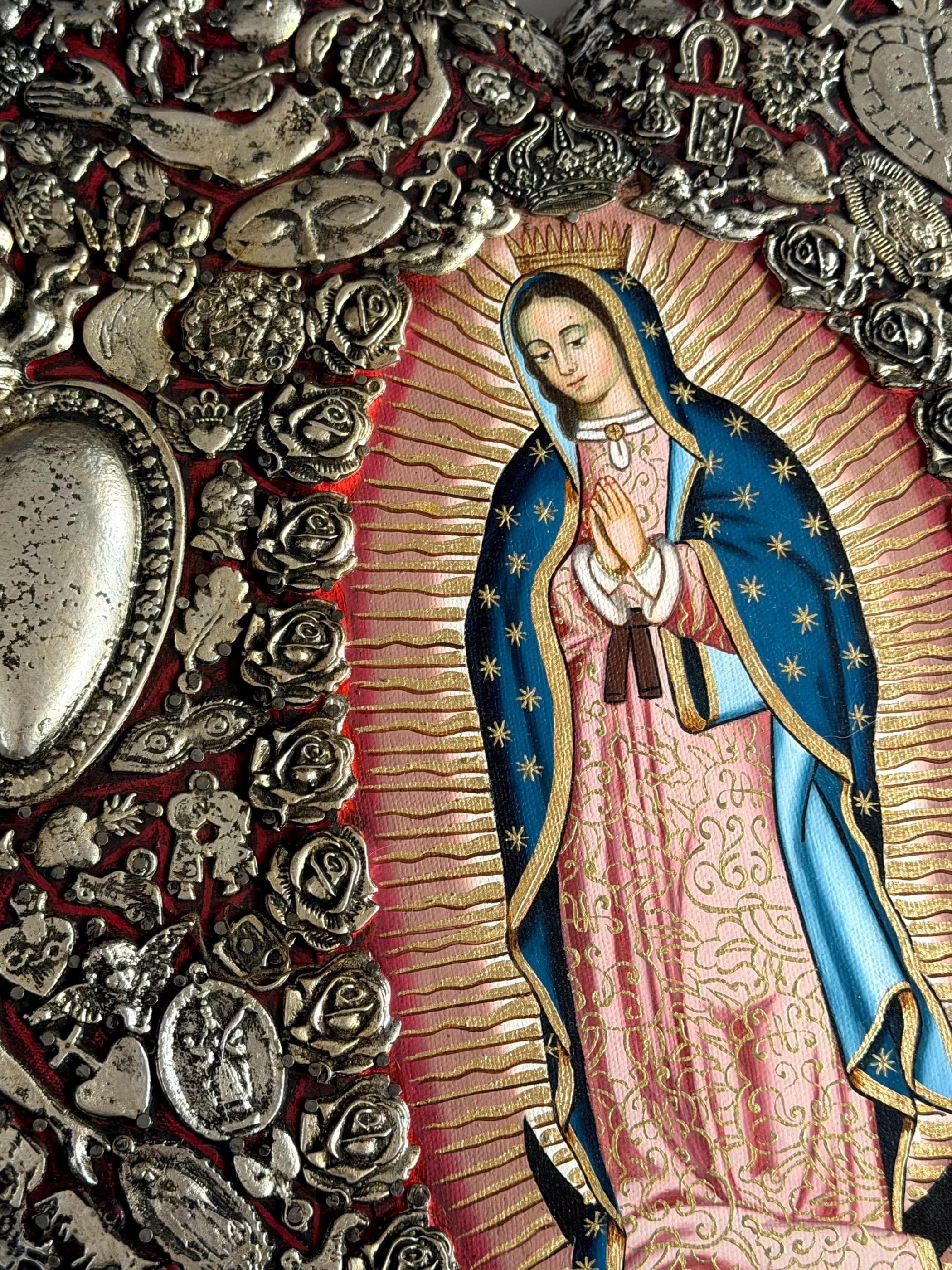 Our Lady Art, Home Altar Piece, MAXI Oleo Guadalupe Milagritos Red 19"x 19"