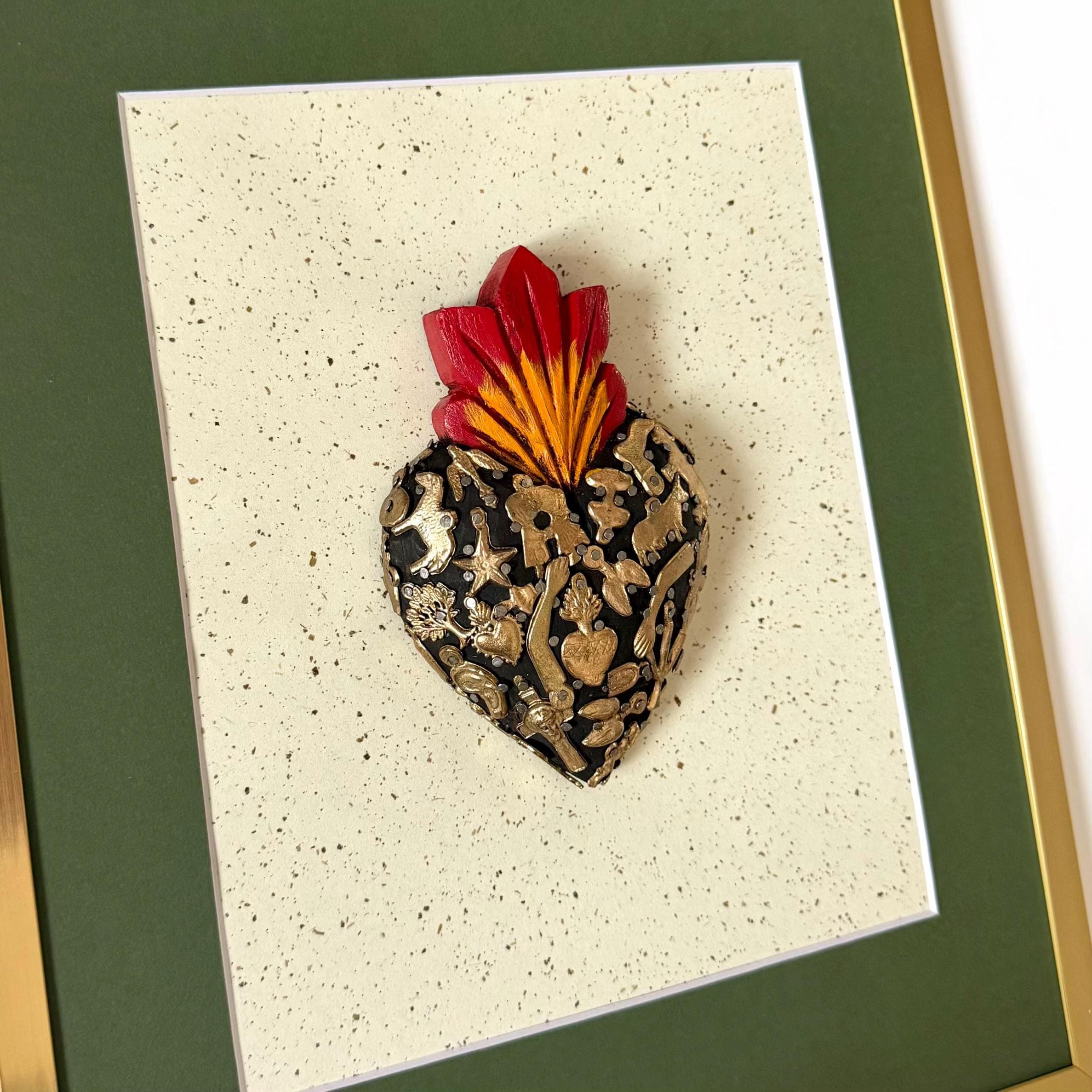 Painted Tin Heart, Eclectic Home Accent, Framed Milagritos Vintage Green 11.5"x 14.5"