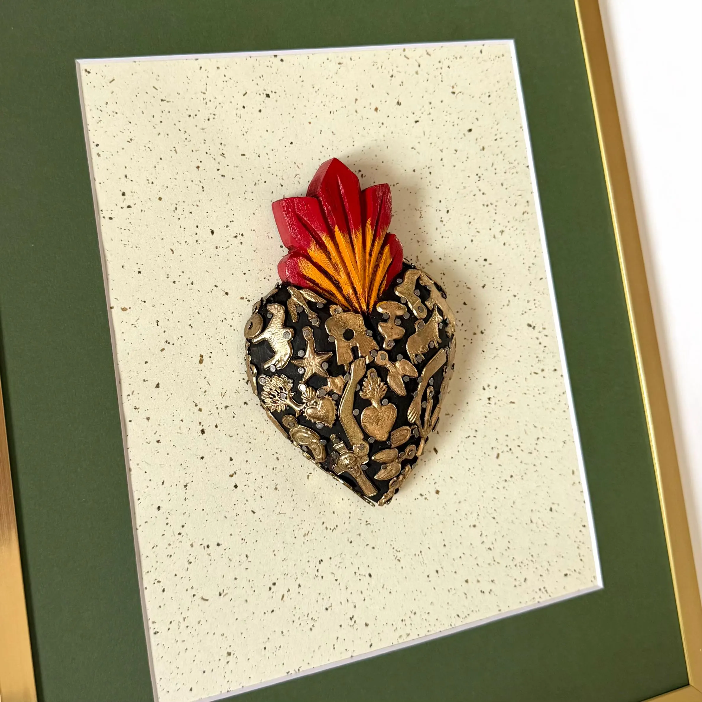 Painted Tin Heart, Eclectic Home Accent, Framed Milagritos Vintage Green 11.5"x 14.5"
