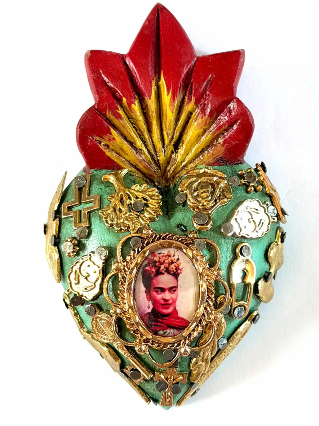 Small Frida Kahlo Wood Sacred Heart Gold Milagritos, Mexican Folk Art, Rustic Handmade Decor