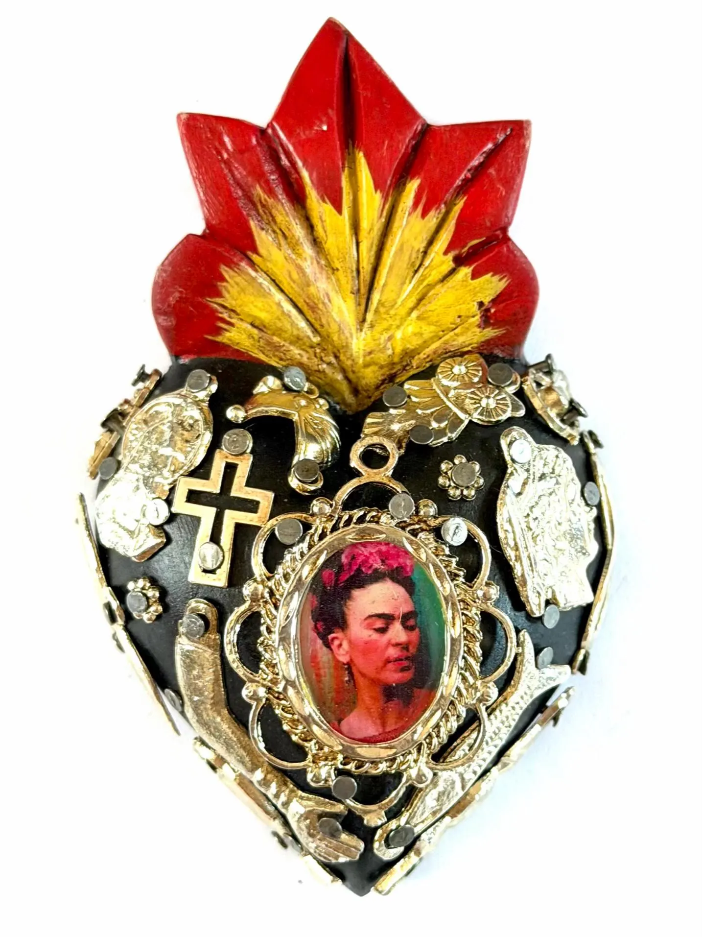 Small Frida Kahlo Wood Sacred Heart Silver Milagritos, Mexican Folk Art, Rustic Handmade Decor