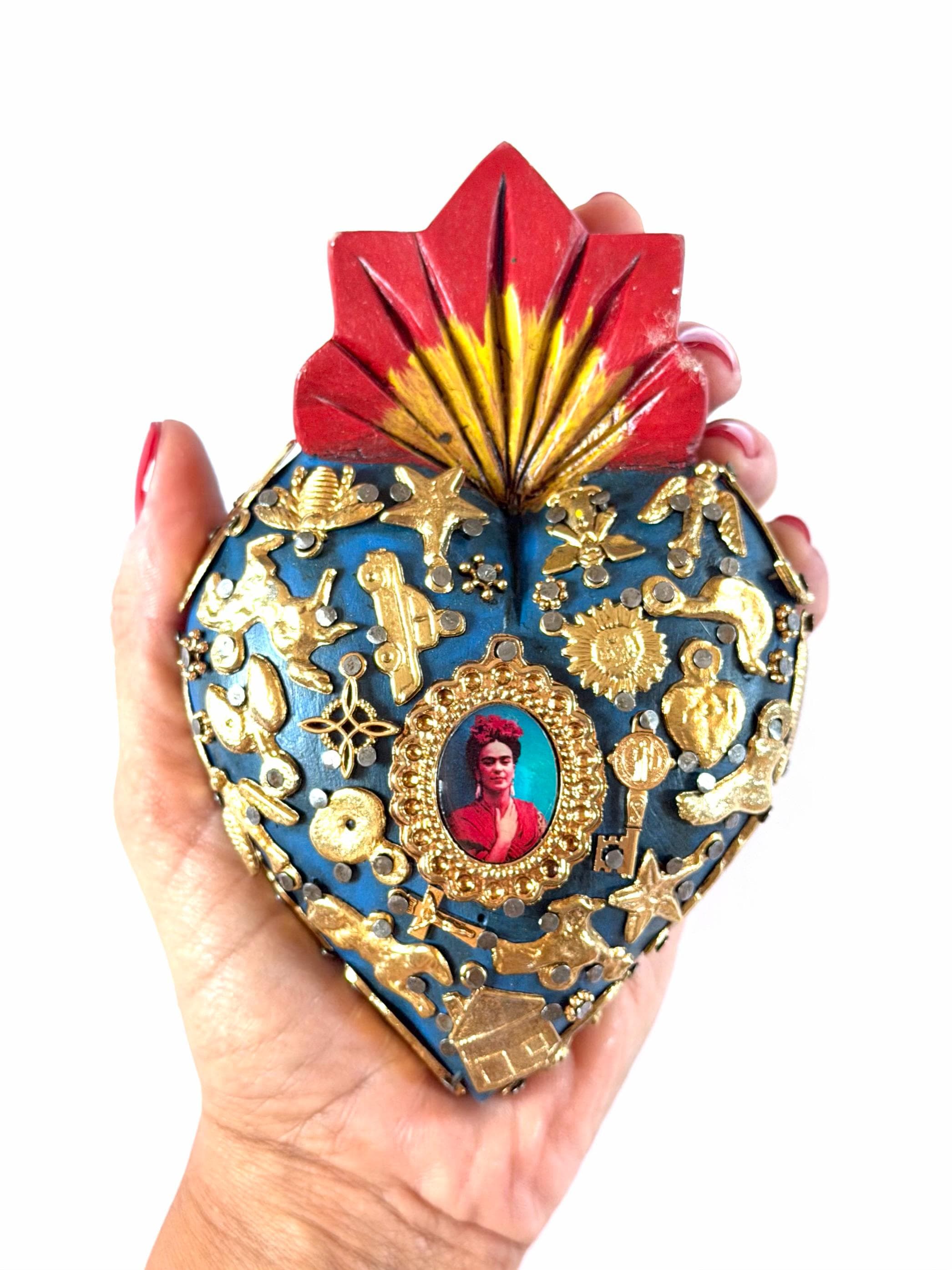 Mexican Folk Art, Rustic Handmade Decor, Frida Kahlo Wood Sacred Heart Gold Milagritos, Medium 5.5”(tall)
