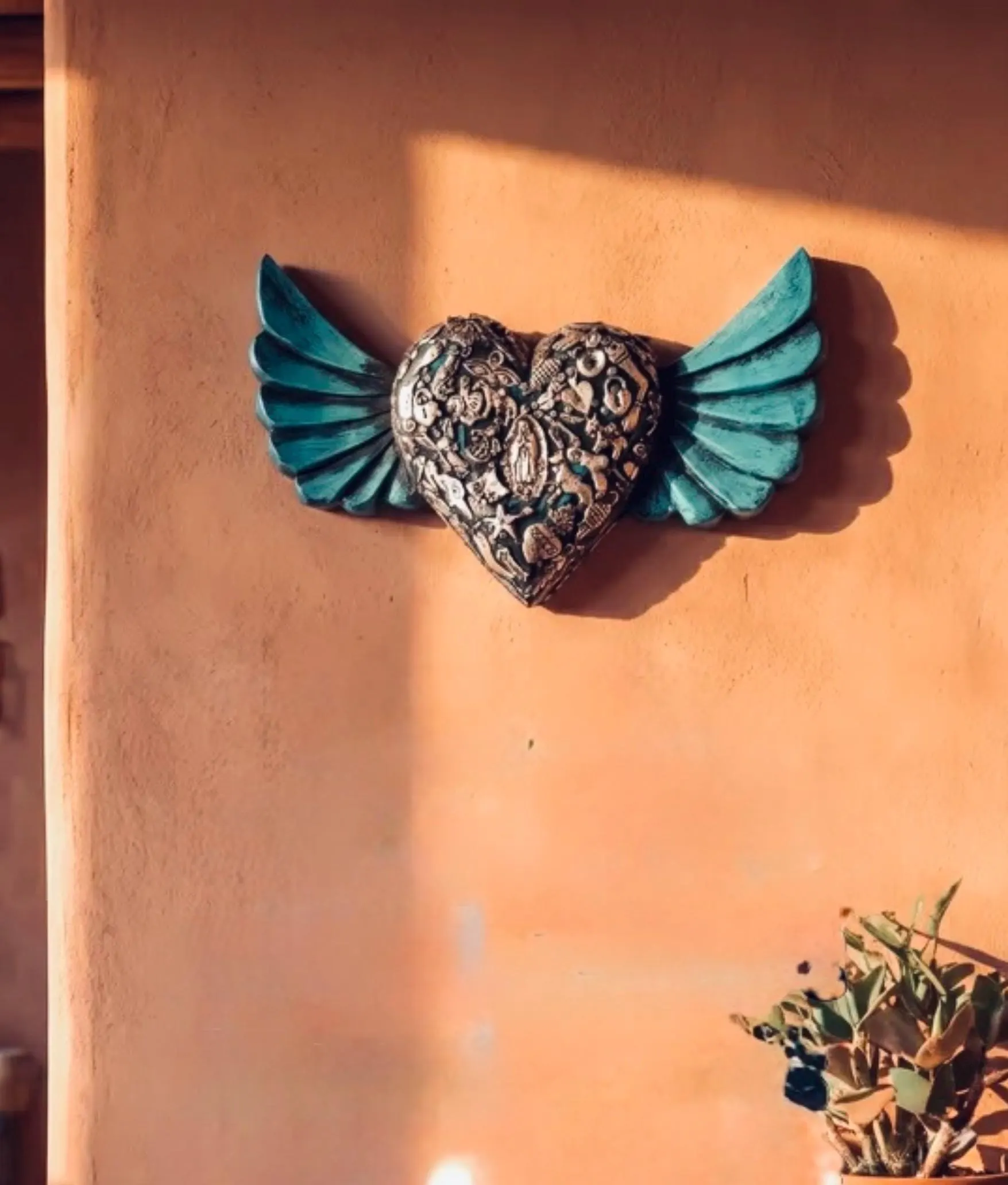 Guadalupe Retablo Art, Housewarming Gift, Large Abanico Guadalupe Vintage Heart Aqua