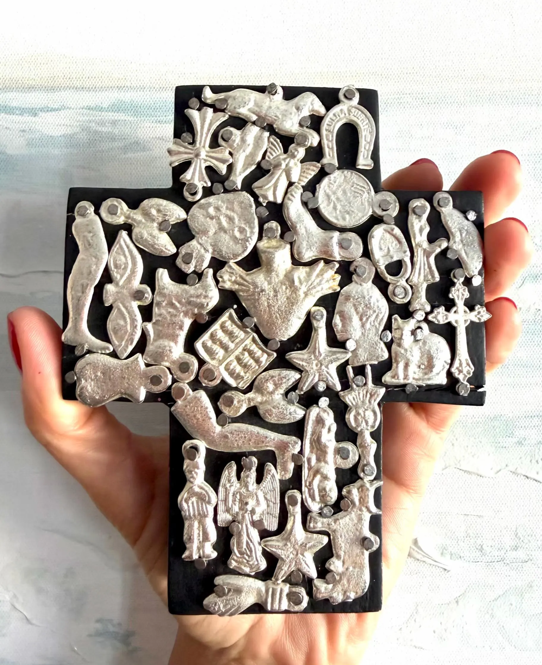 Milagritos Silver Cruz Colonial 10”, Handcrafted Wood Sacred Heart Cross Wall Hanging, Rustic Mexican Decor, Ex-Voto Milagro Style