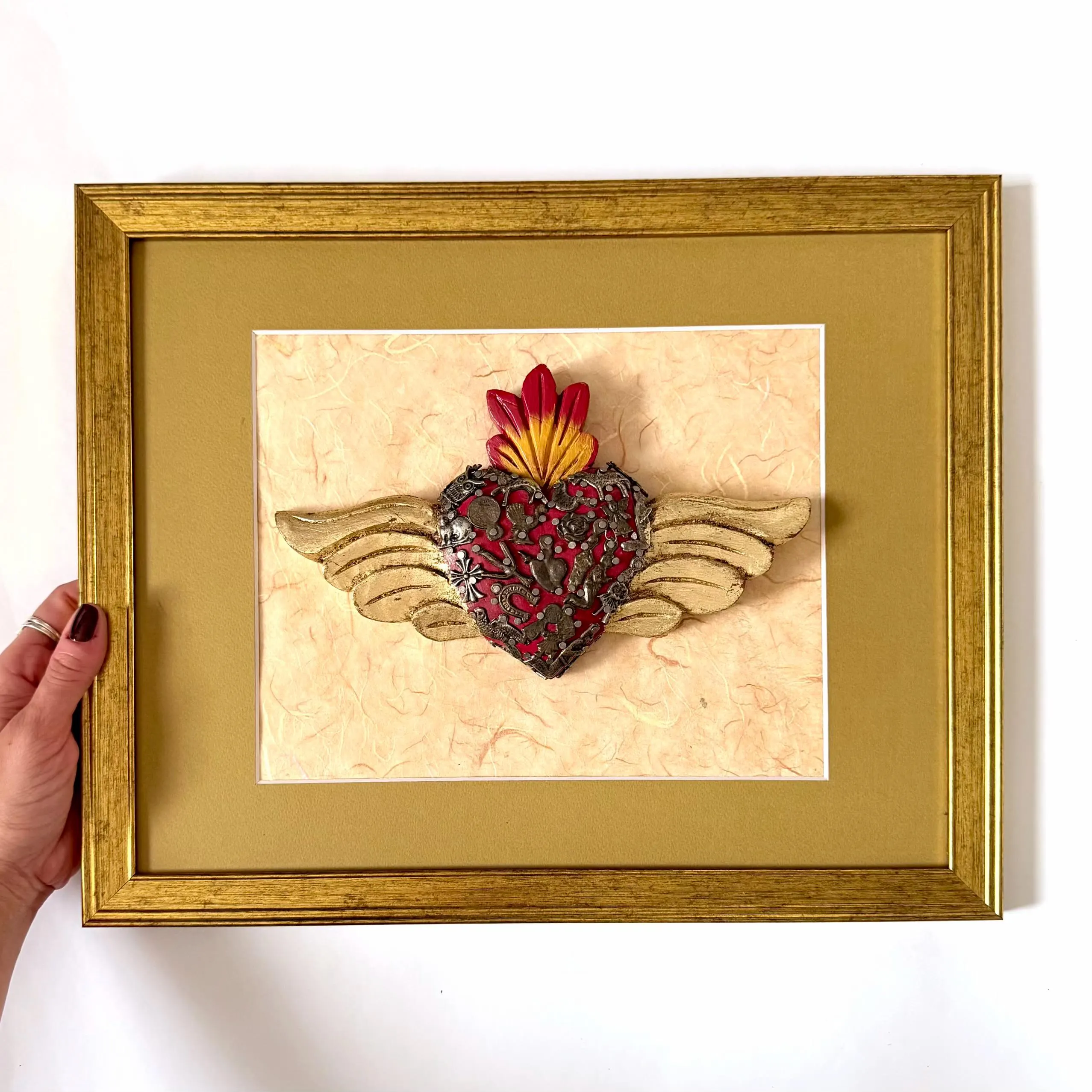 Hojalata Sacred Heart, Colorful Boho Decor, Framed Vintage Alas Red 15.25"x 12.25"