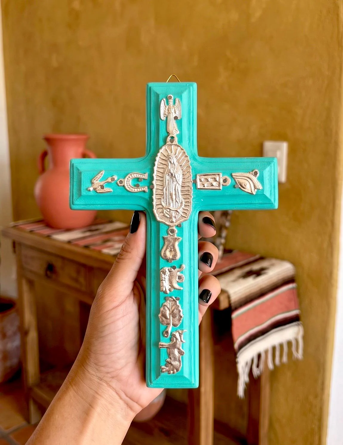 Hand Carved Wood Guadalupe Milagritos Cross, 8" Tall Mexican Wall Decor