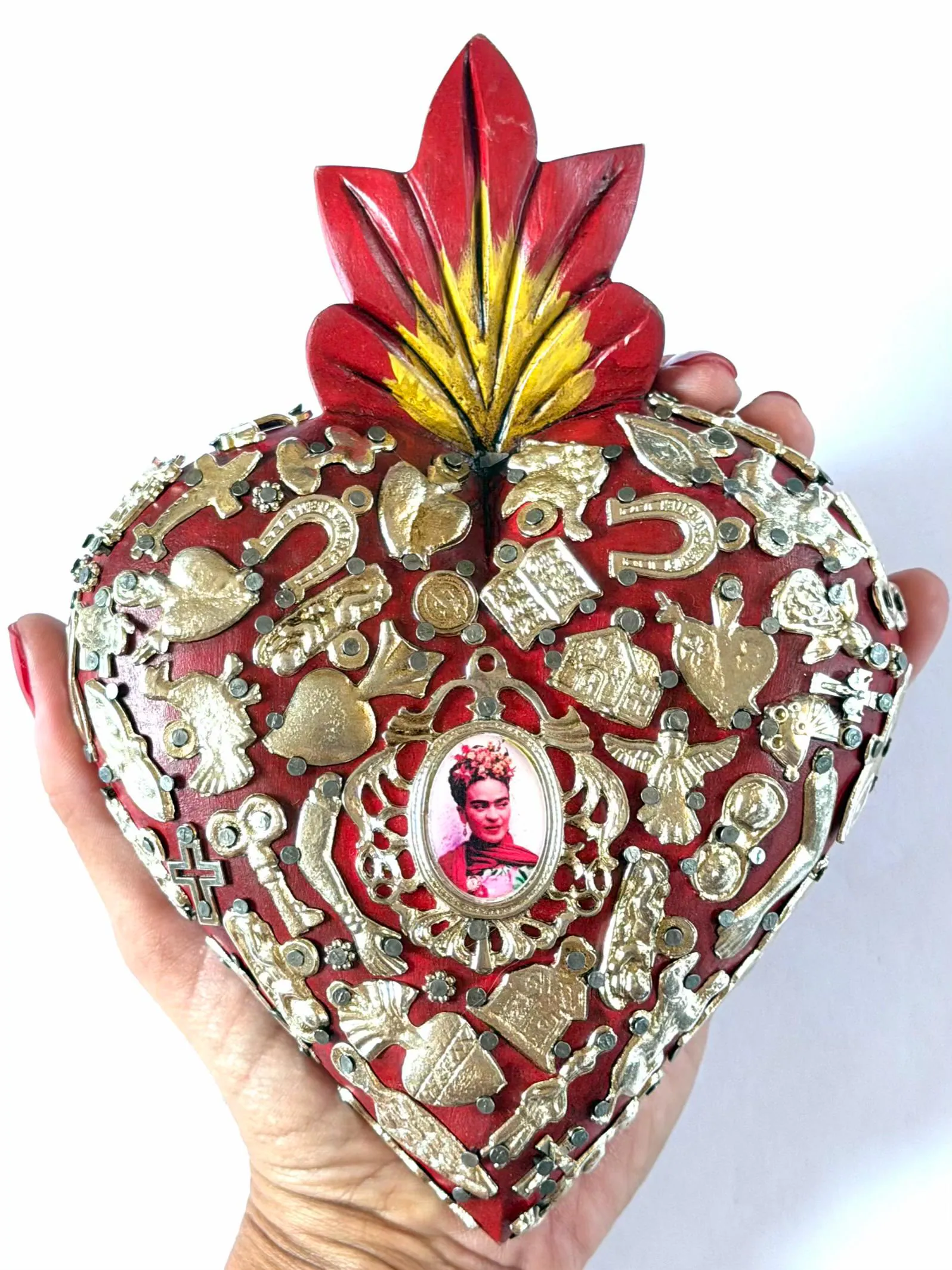 XL Frida Kahlo Milagritos Silver 5.5”x 7.5”, Handmade Wood Wall Decor, Mexican Milagro Charm
