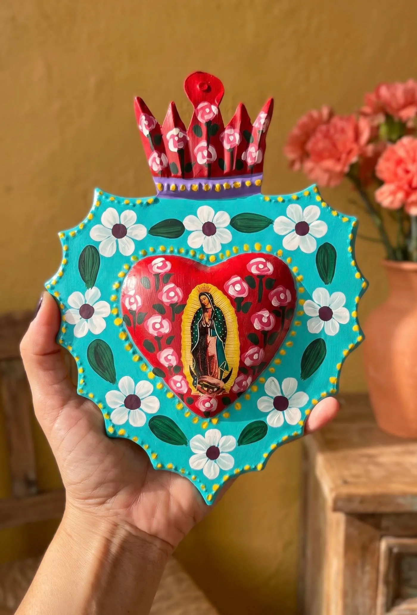 Boho Handcrafted Sacred Heart Wall Hanging, Authentic Mexican Folk Art Guadalupe
