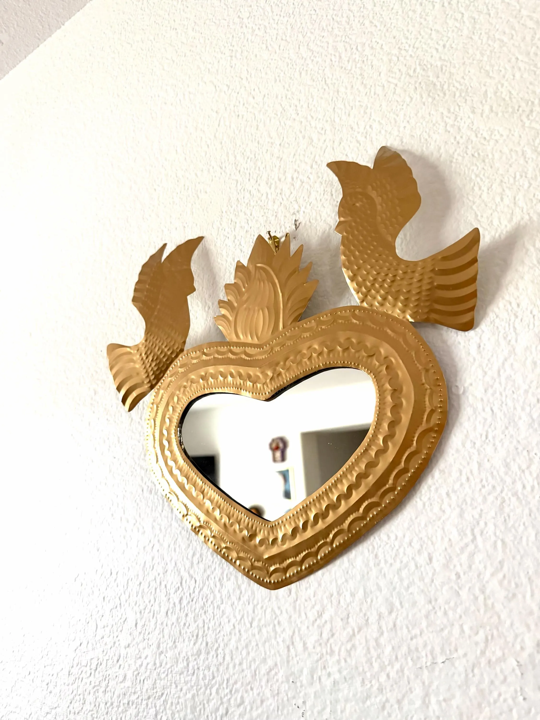 Handcrafted Tin Sacred Heart Mirror Rose Gold, Mexican Milagro Wall Decor