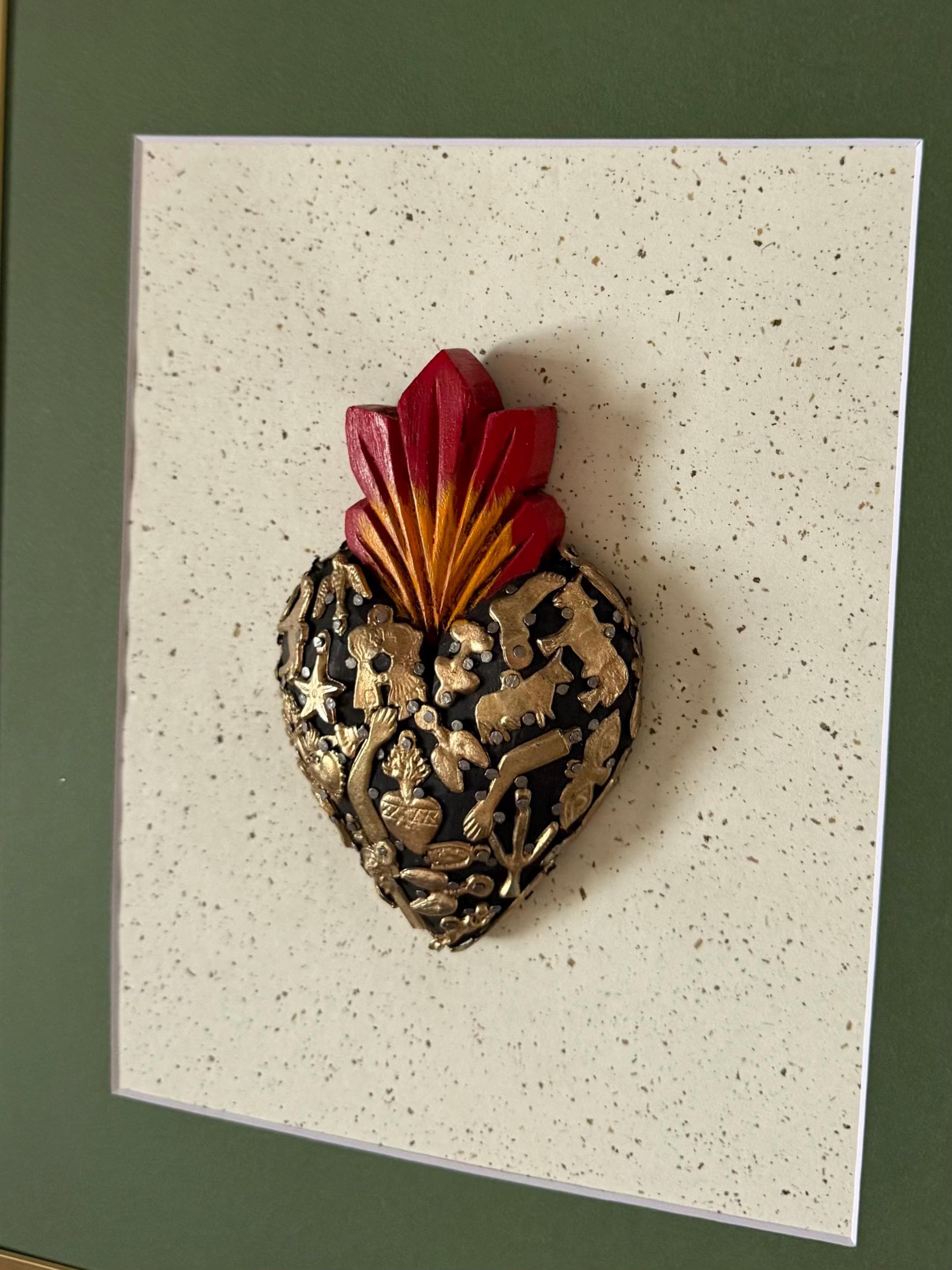 Painted Tin Heart, Eclectic Home Accent, Framed Milagritos Vintage Green 11.5"x 14.5"