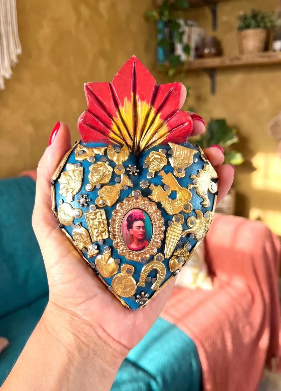 Mexican Folk Art, Rustic Handmade Decor, Frida Kahlo Wood Sacred Heart Gold Milagritos, Medium 5.5”(tall)