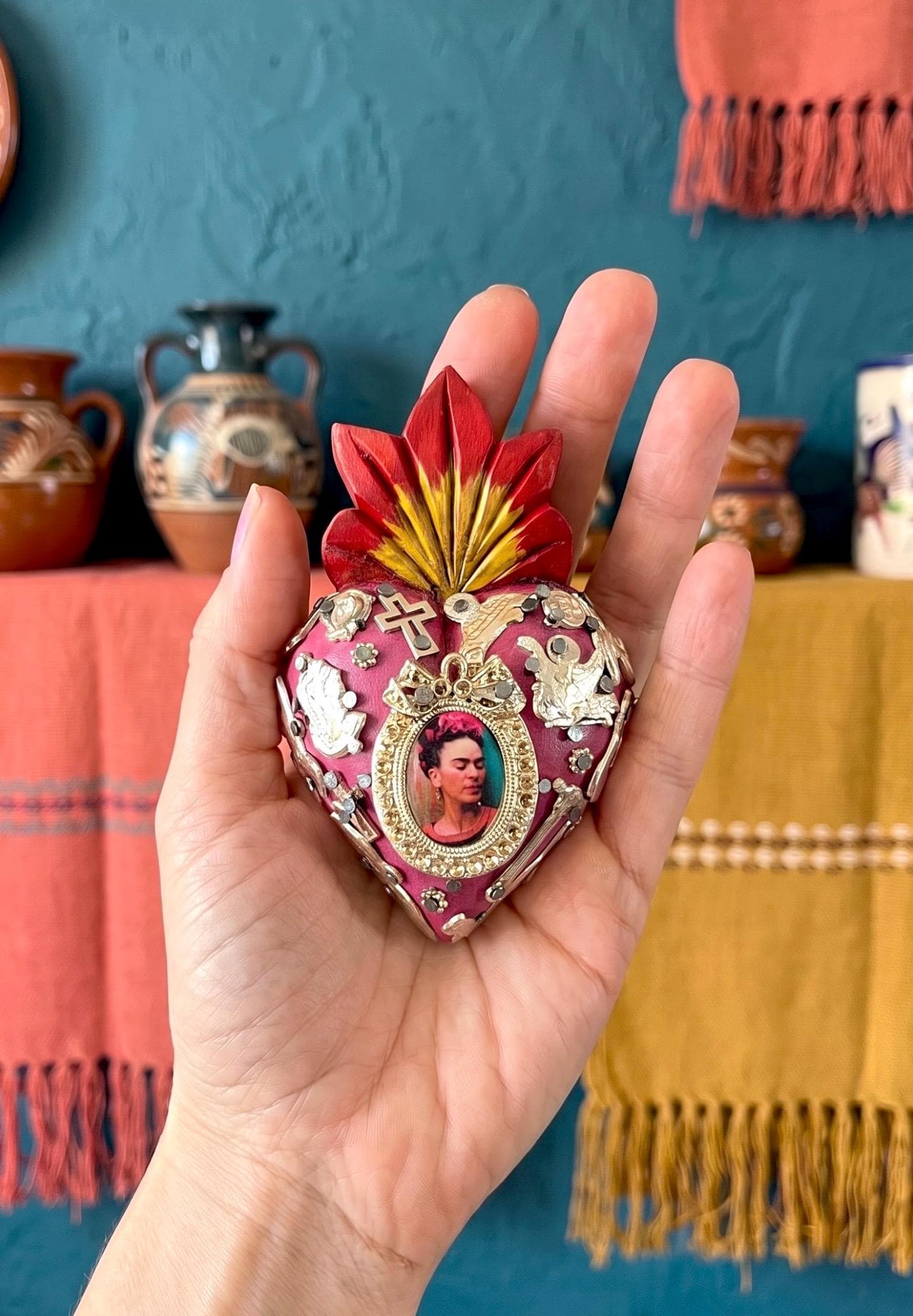Small Frida Kahlo Wood Sacred Heart Silver Milagritos, Mexican Folk Art, Rustic Handmade Decor