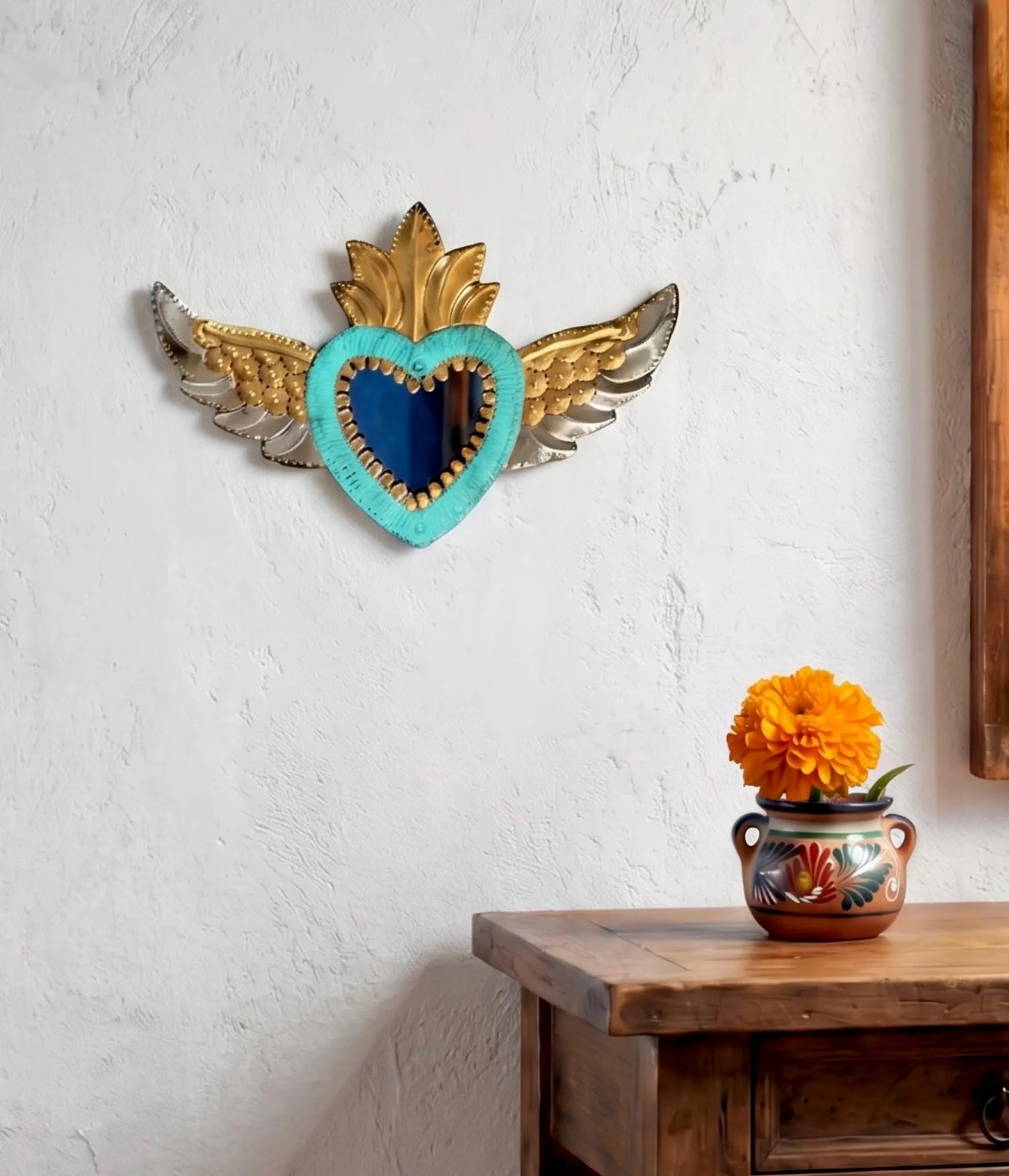 Handcrafted Tin Sacred Heart Mirror, Mexican Milagro Wall Hanging Decor