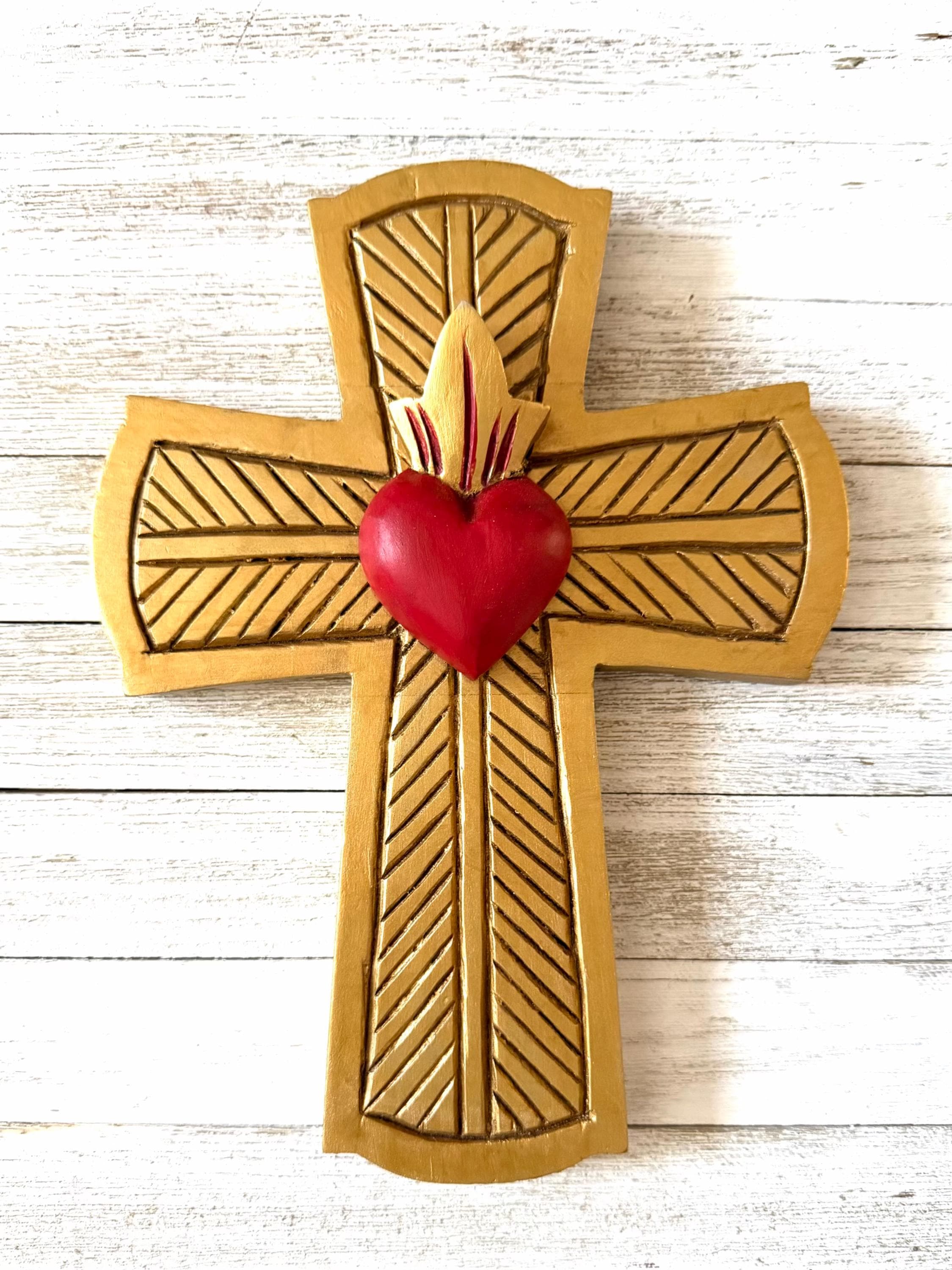 Punched Tin Heart, Boho Wall Decor, Oro & Corazon Rojo 12"