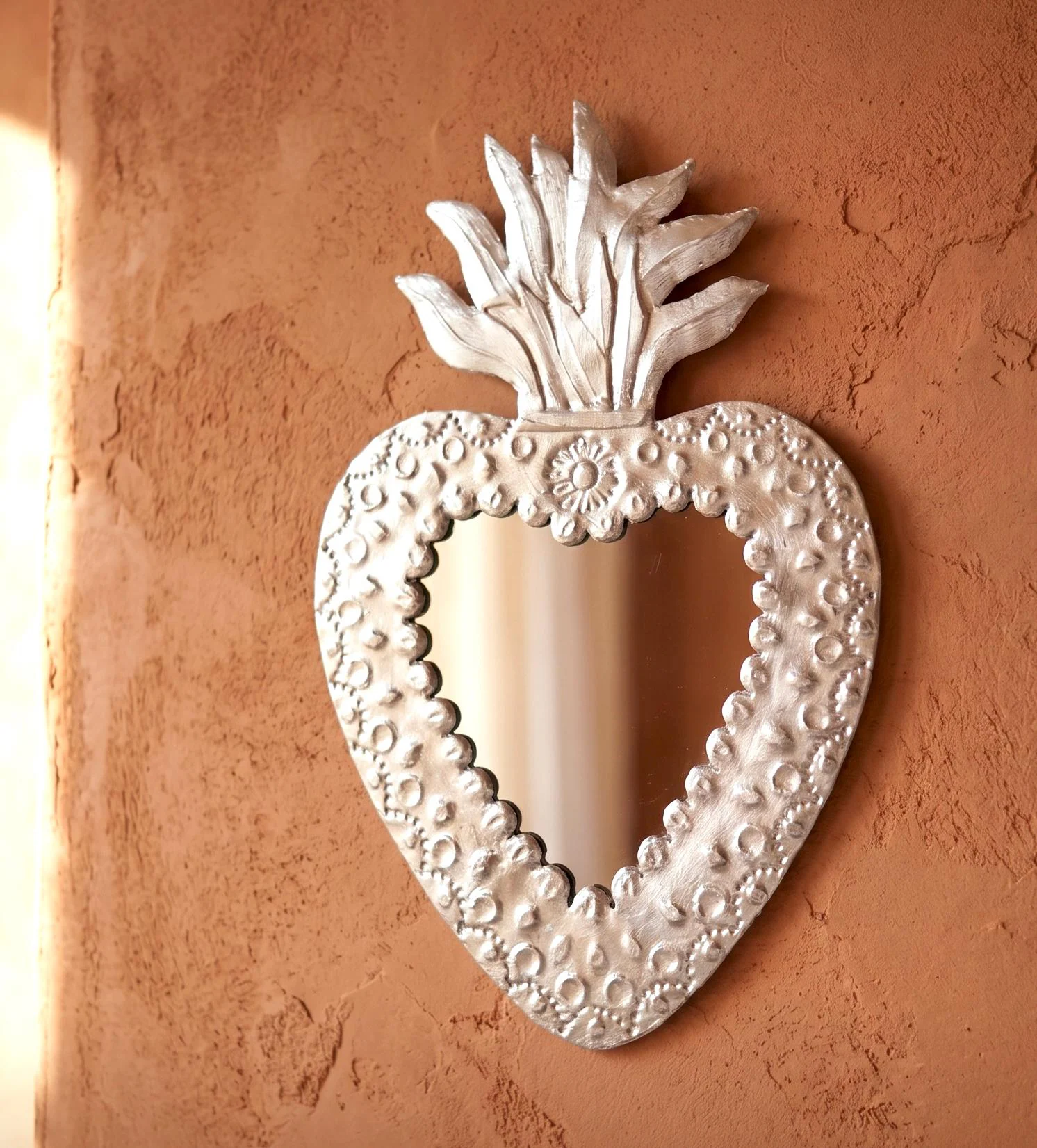 Tin Mexican Folk Art Sacred Heart Mirror - 11 Tall