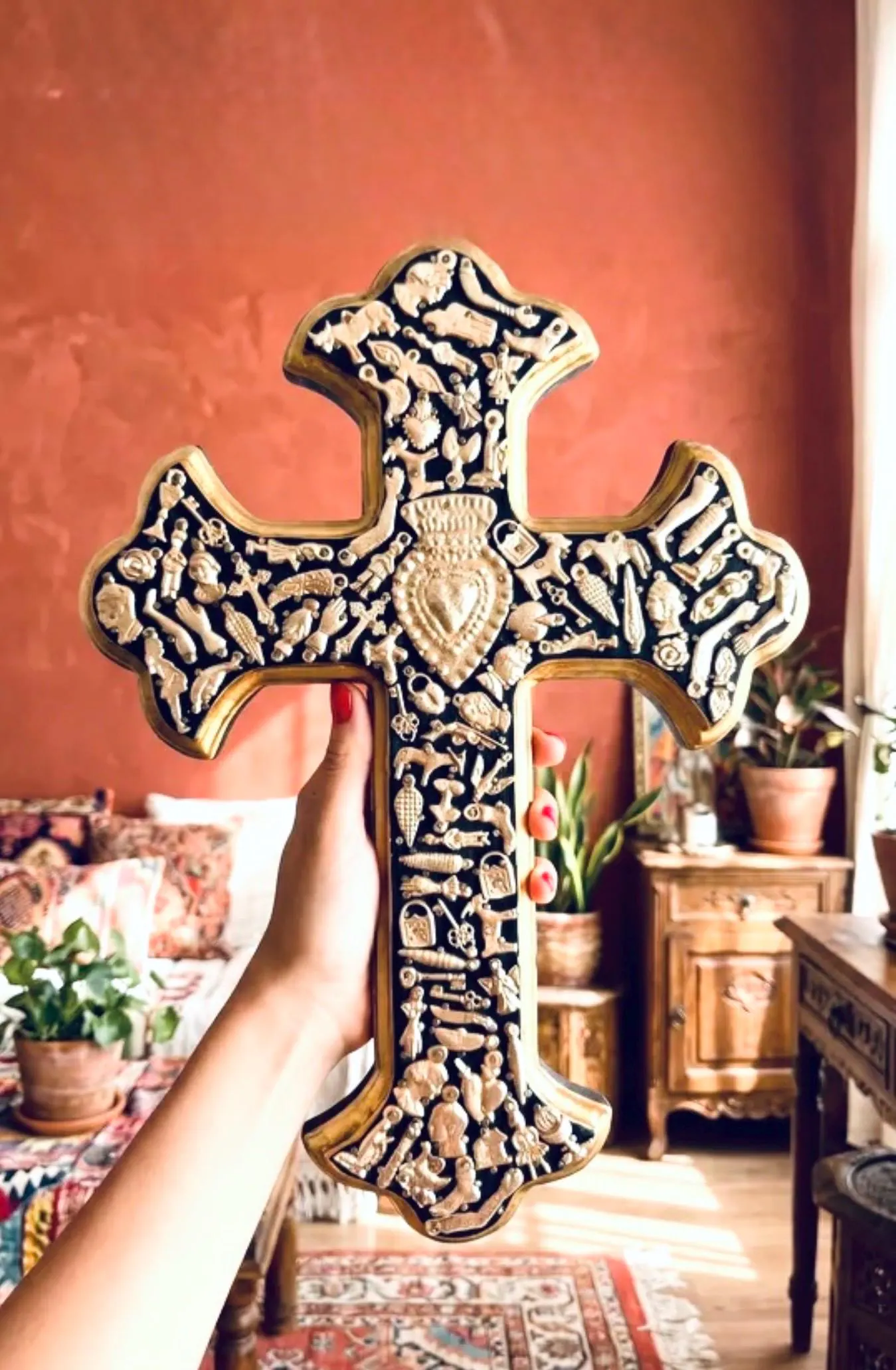 Vintage Milagritos Cruz, Handcrafted Wood Sacred Heart Cross Wall Art, Rustic Mexican Decor, Milagro Ex-Voto Decor