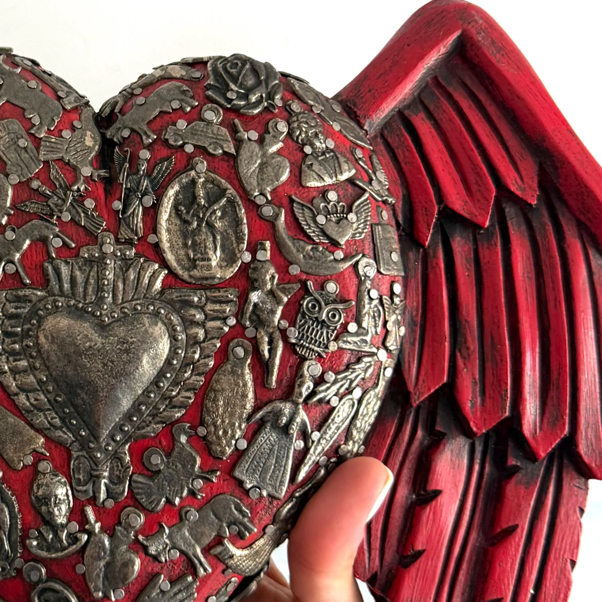 Wood Milagro Art, Housewarming Gift, Wood Sacred Heart Alas Caidas Red