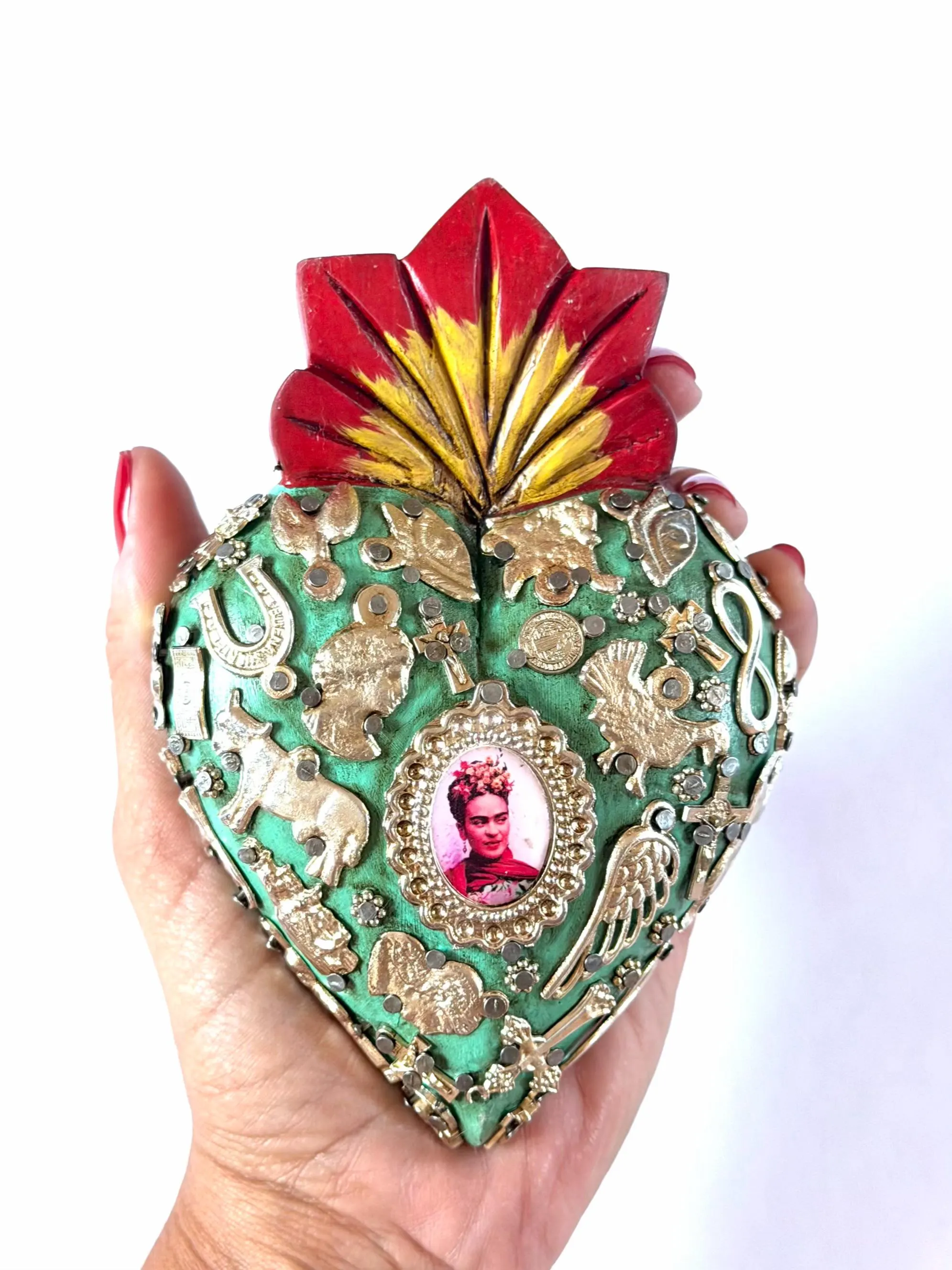 Mexican Folk Art, Rustic Handmade Decor, Frida Kahlo Wood Sacred Heart Silver Milagritos, Medium 5.5”(tall)
