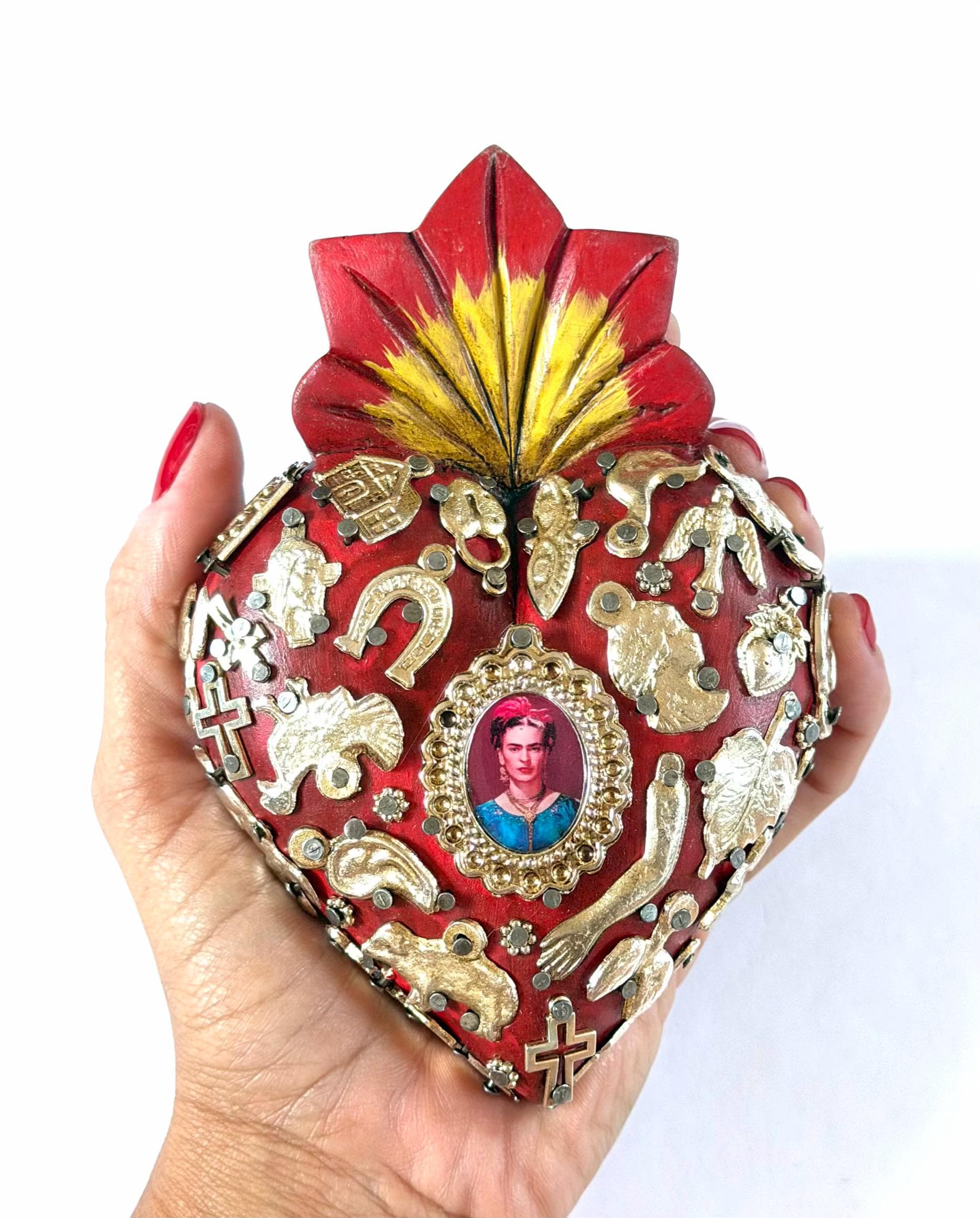 Mexican Folk Art, Rustic Handmade Decor, Frida Kahlo Wood Sacred Heart Silver Milagritos, Medium 5.5”(tall)