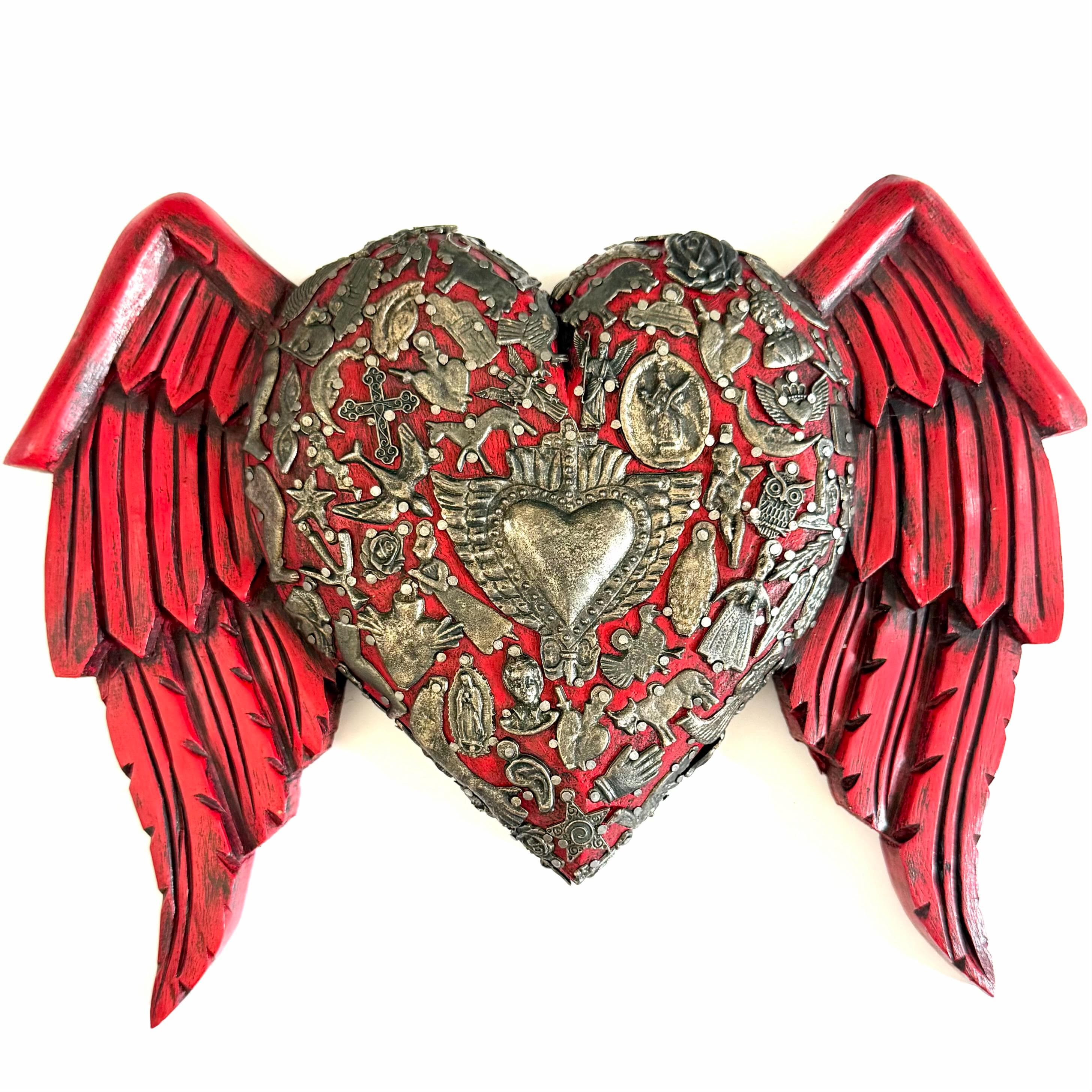 Wood Milagro Art, Housewarming Gift, Wood Sacred Heart Alas Caidas Red