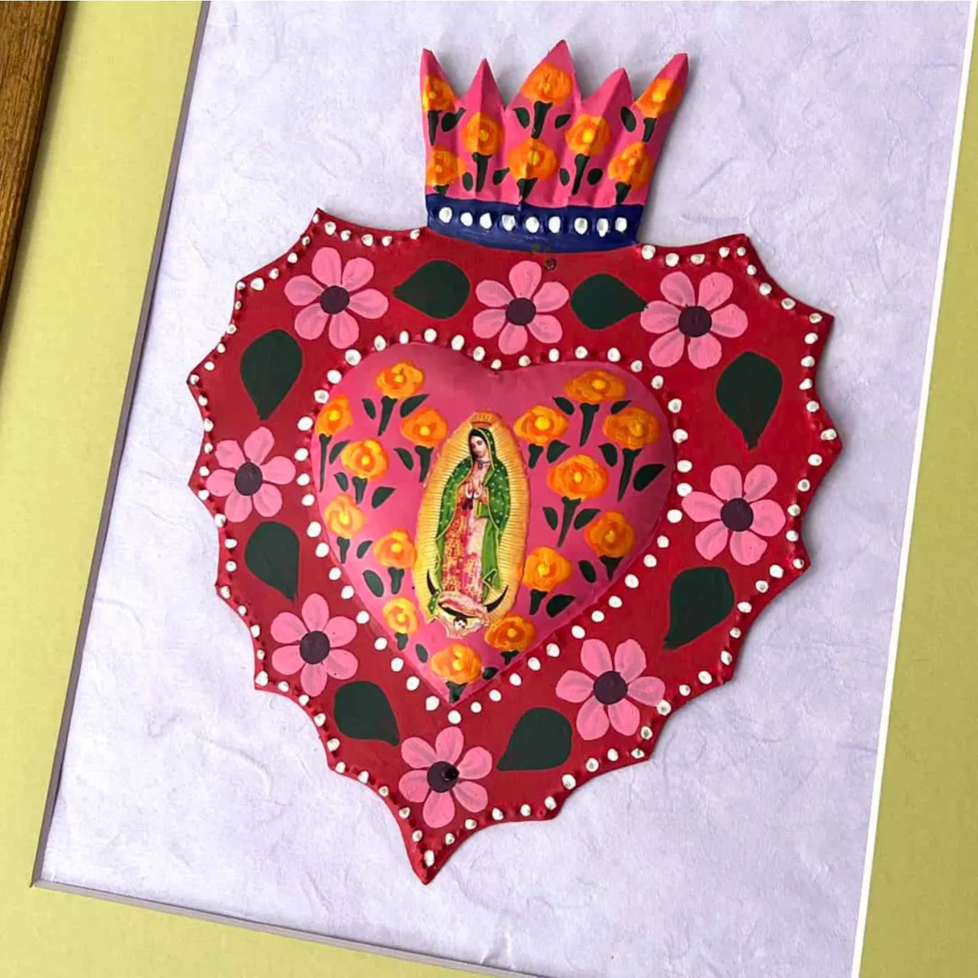 Boho Handcrafted Sacred Heart Wall Hanging, Authentic Mexican Folk Art Guadalupe
