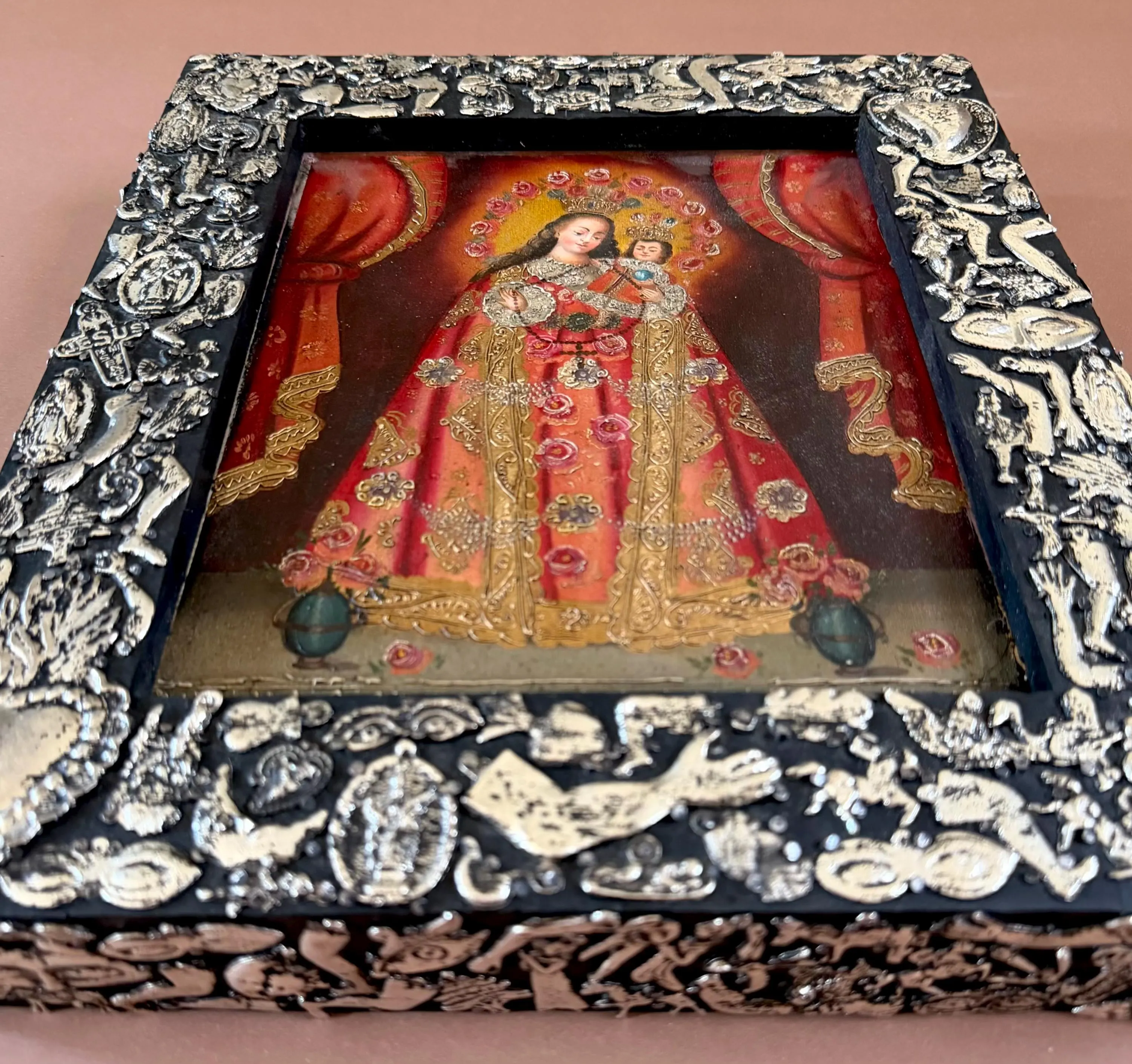 Tin Ex-Voto Charm, Eclectic Home Accent, Oleo Retablo Maria y Nino con Milagritos