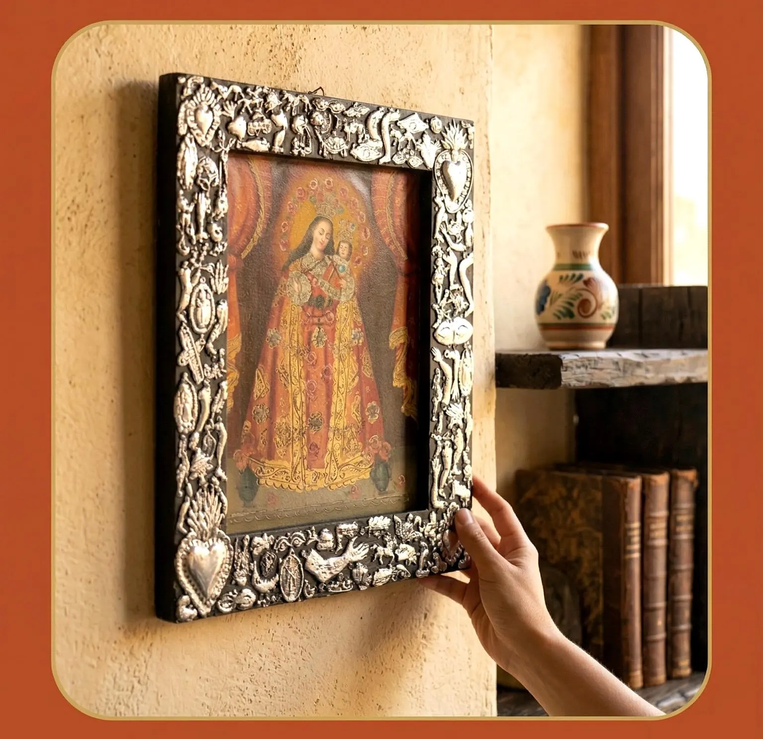 Tin Ex-Voto Charm, Eclectic Home Accent, Oleo Retablo Maria y Nino con Milagritos