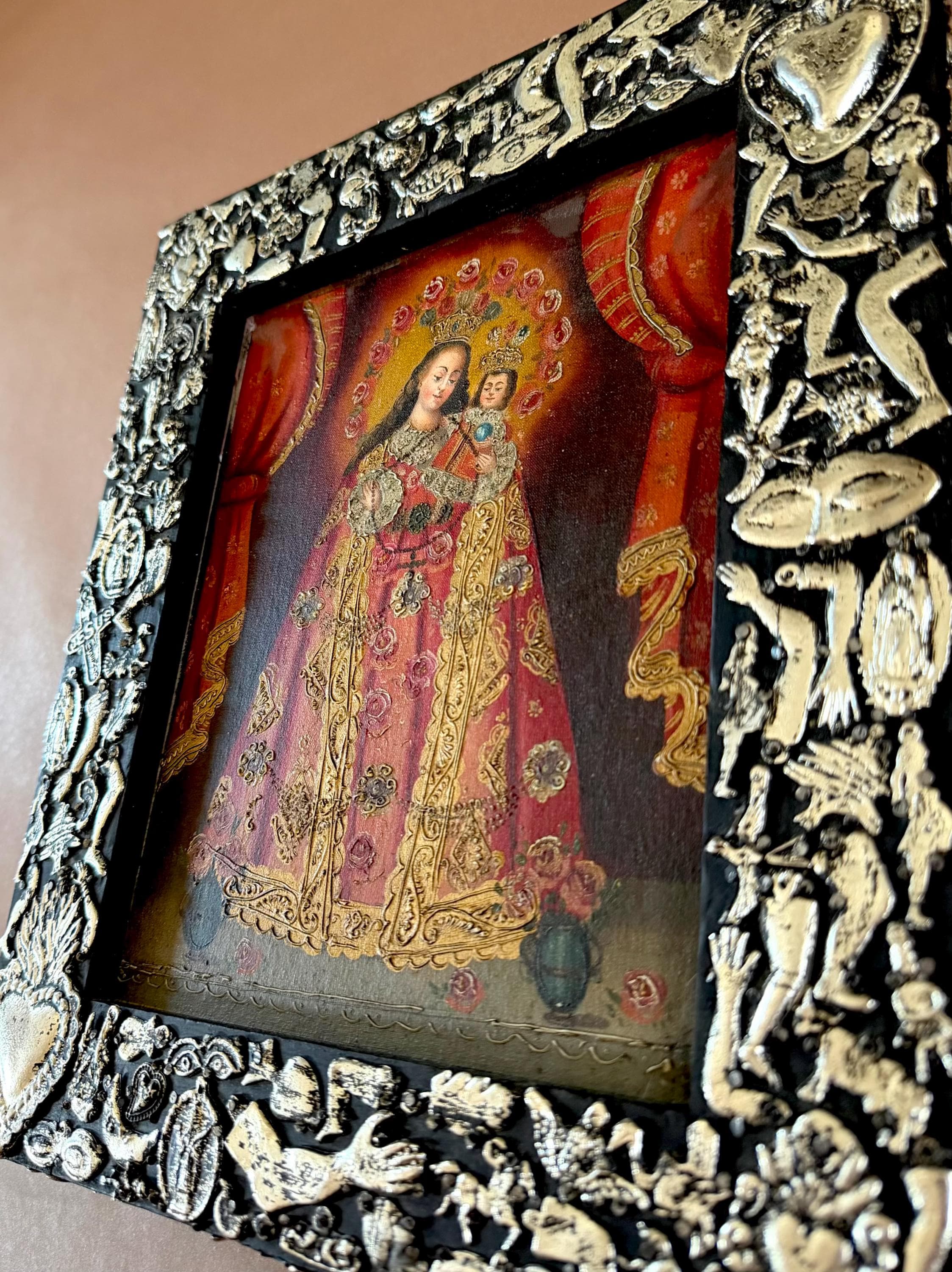 Tin Ex-Voto Charm, Eclectic Home Accent, Oleo Retablo Maria y Nino con Milagritos