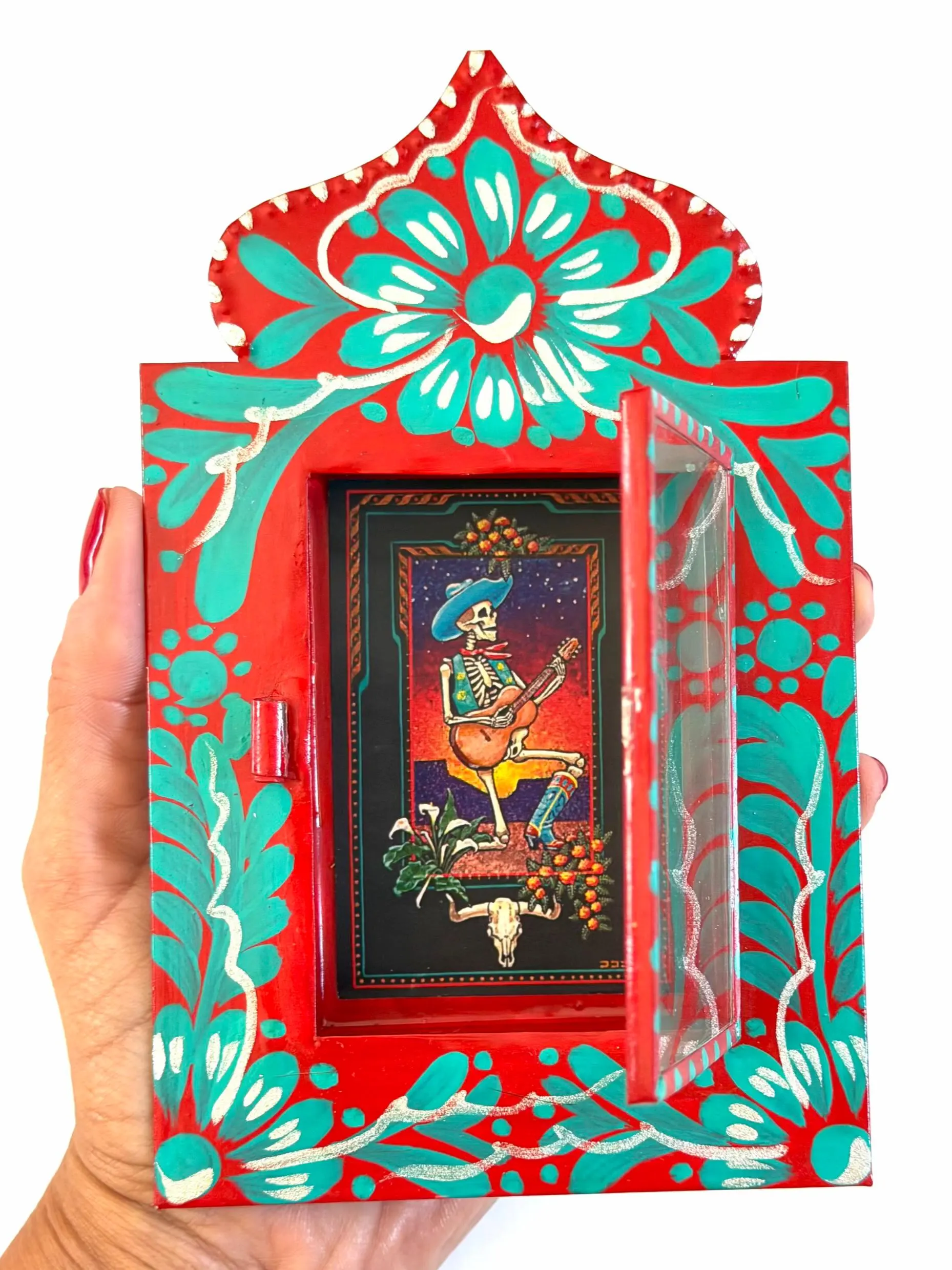 Hand-cut Tin Nicho Dia De Los Muertos, Mexican Folk Art Multicolor Skull Niche 7”(tall)