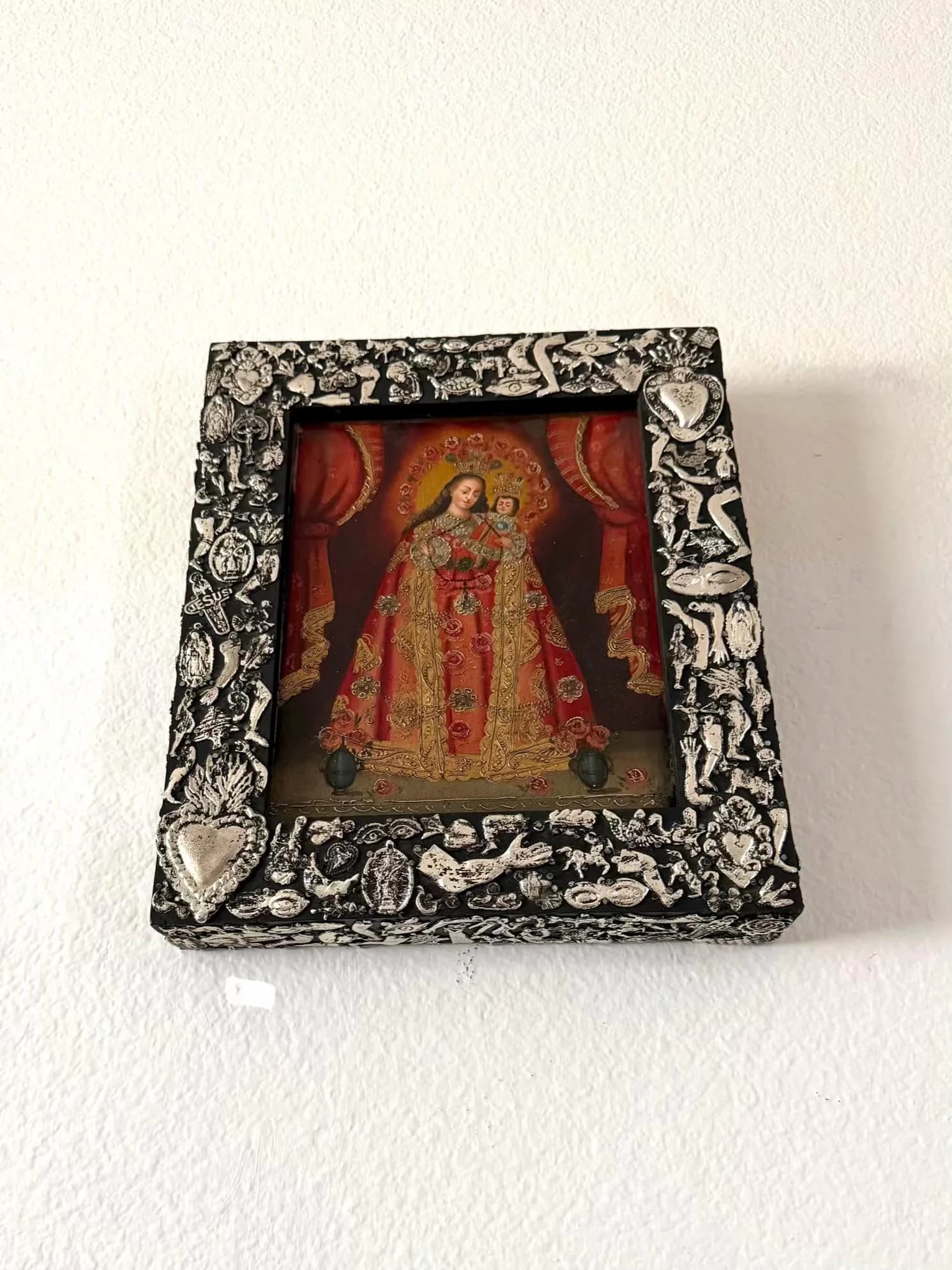 Tin Ex-Voto Charm, Eclectic Home Accent, Oleo Retablo Maria y Nino con Milagritos
