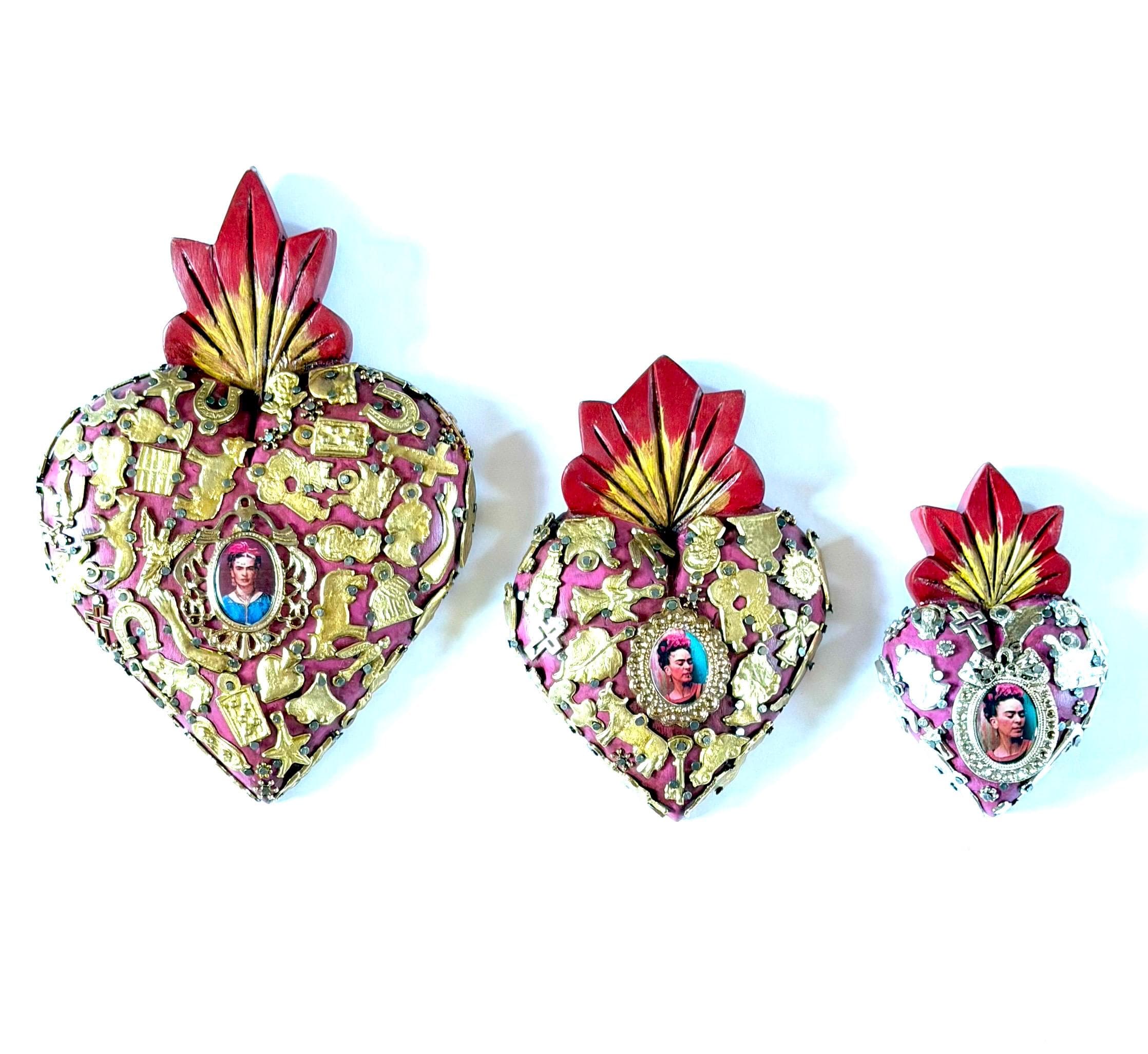 Small Frida Kahlo Wood Sacred Heart Silver Milagritos, Mexican Folk Art, Rustic Handmade Decor