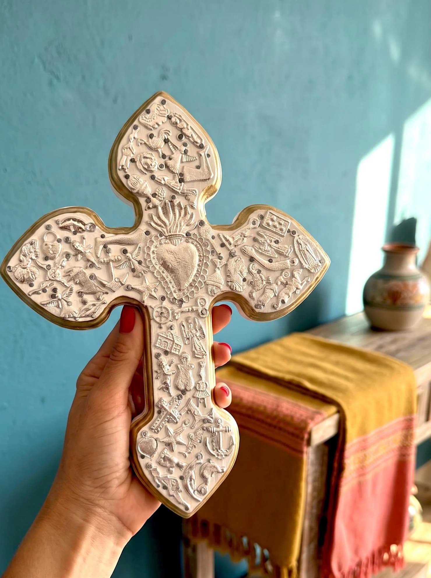 Wood Cross Art, Baptism Gift, Silver Milagritos Cruz White 8"x 10"