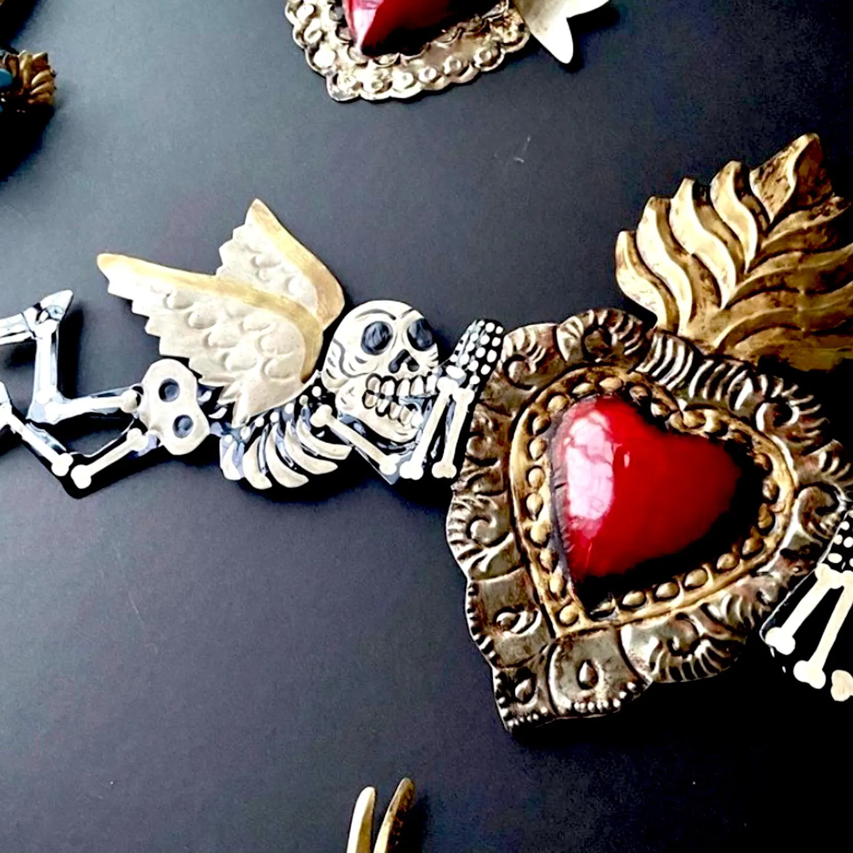 XL D.Muertos 20”(long), Handcrafted Sacred Heart Wall Art, Mexican Home Decor, Ex-Voto Milagro Style