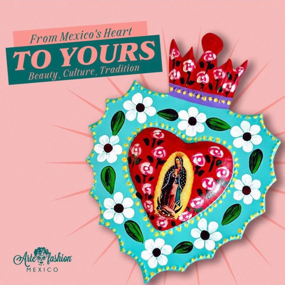 Boho Handcrafted Sacred Heart Wall Hanging, Authentic Mexican Folk Art Guadalupe