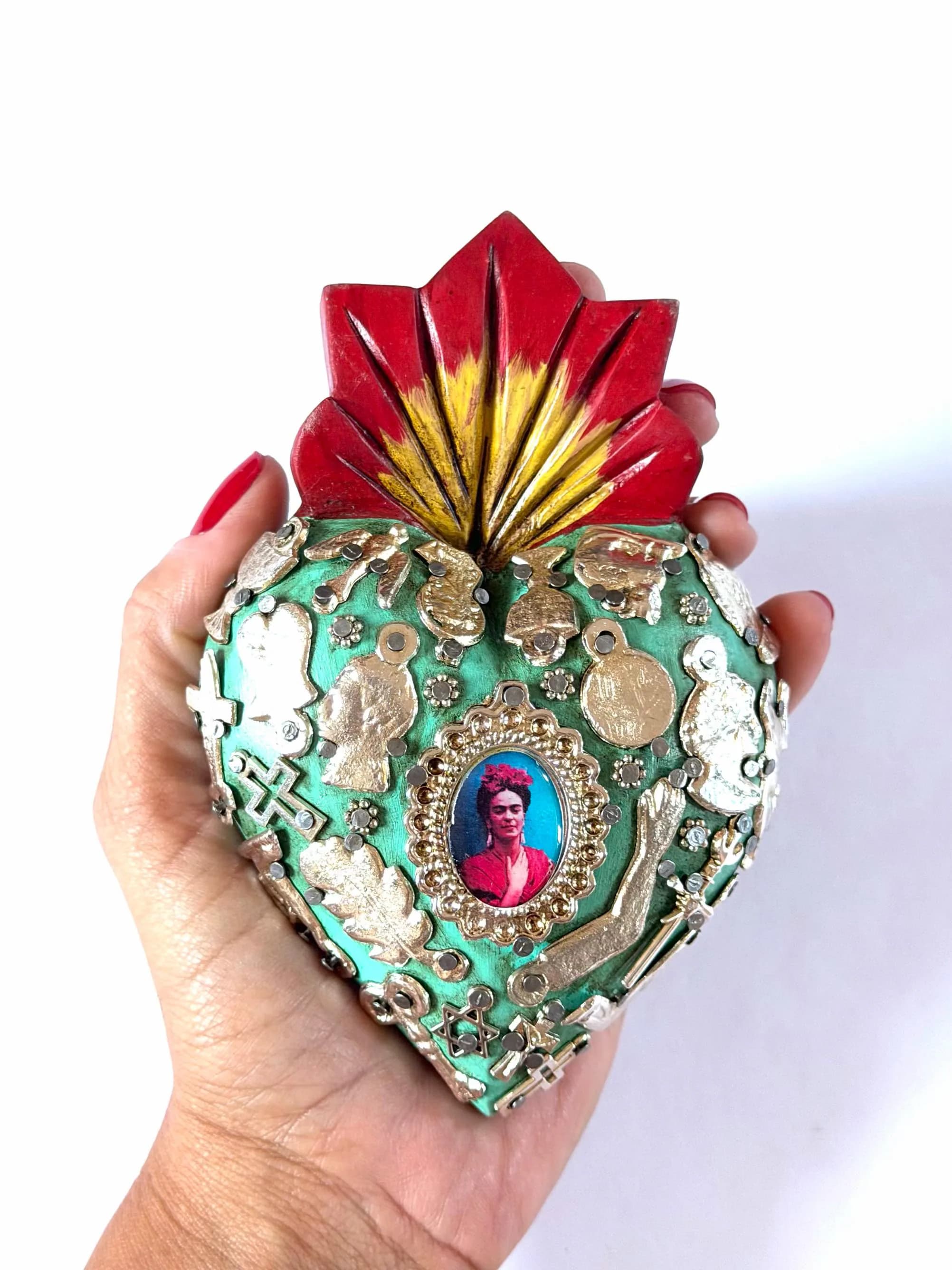 Mexican Folk Art, Rustic Handmade Decor, Frida Kahlo Wood Sacred Heart Silver Milagritos, Medium 5.5”(tall)