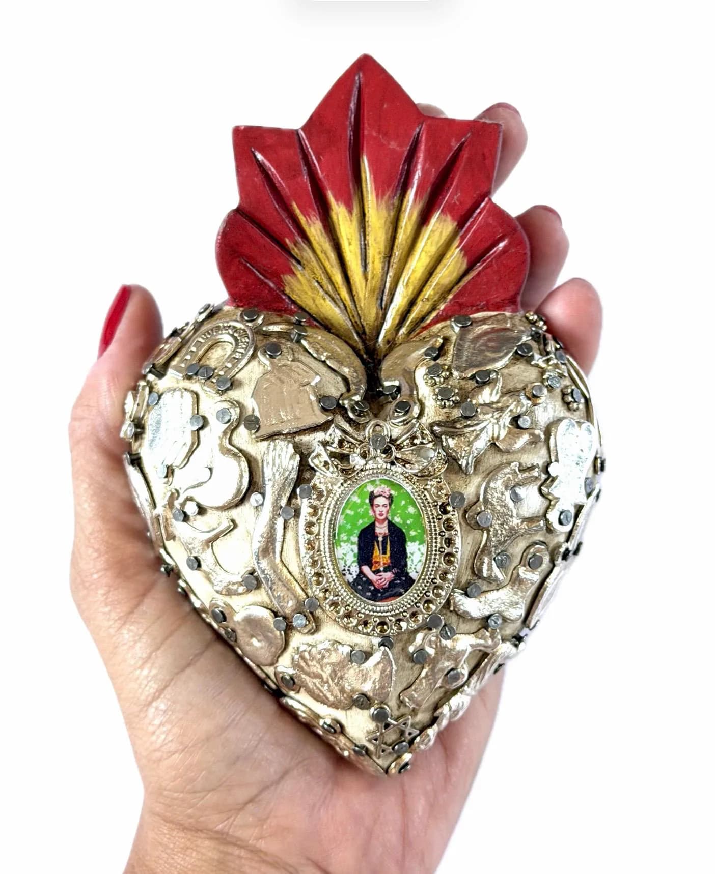 Mexican Folk Art, Rustic Handmade Decor, Frida Kahlo Wood Sacred Heart Silver Milagritos, Medium 5.5”(tall)