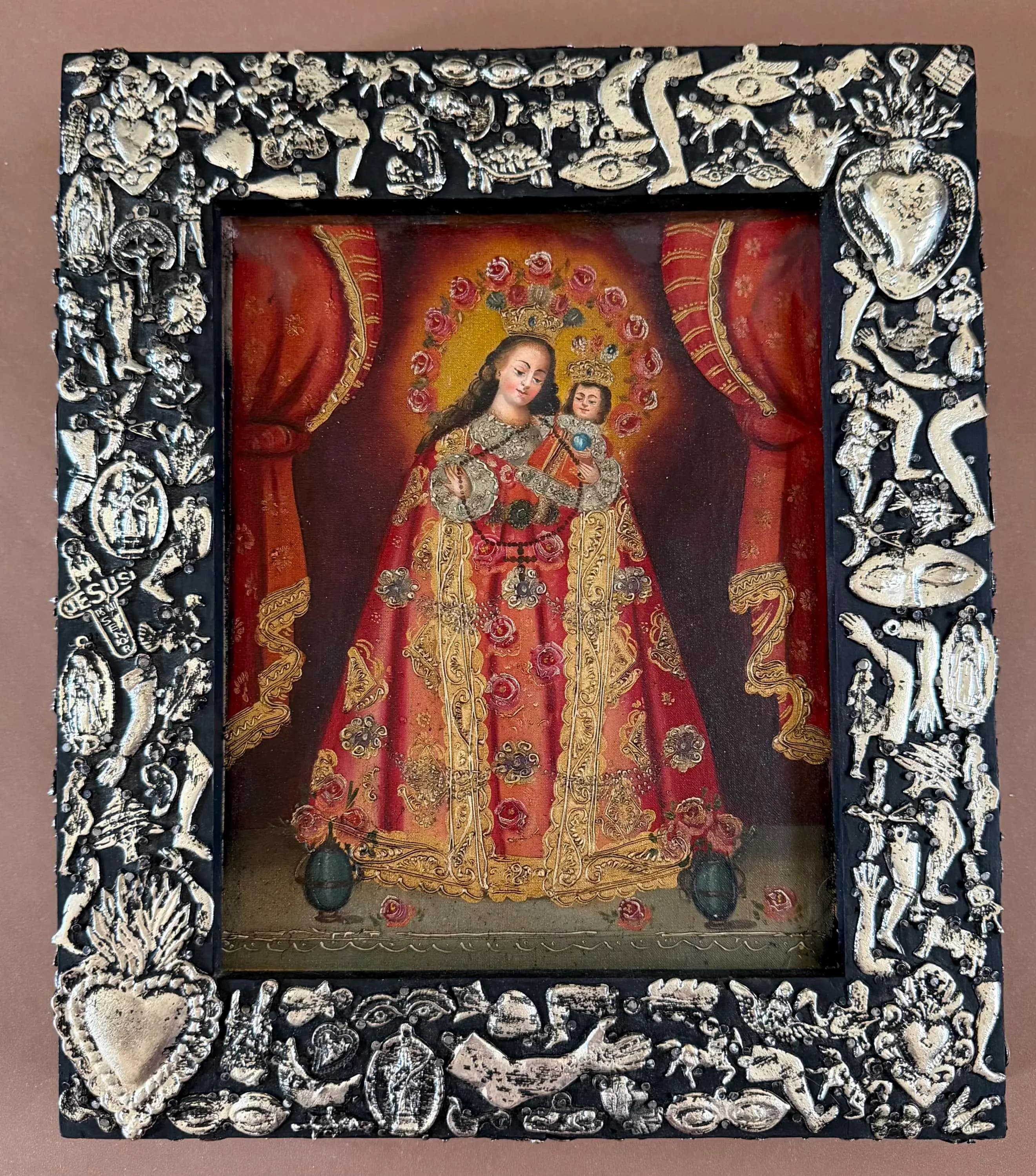 Tin Ex-Voto Charm, Eclectic Home Accent, Oleo Retablo Maria y Nino con Milagritos
